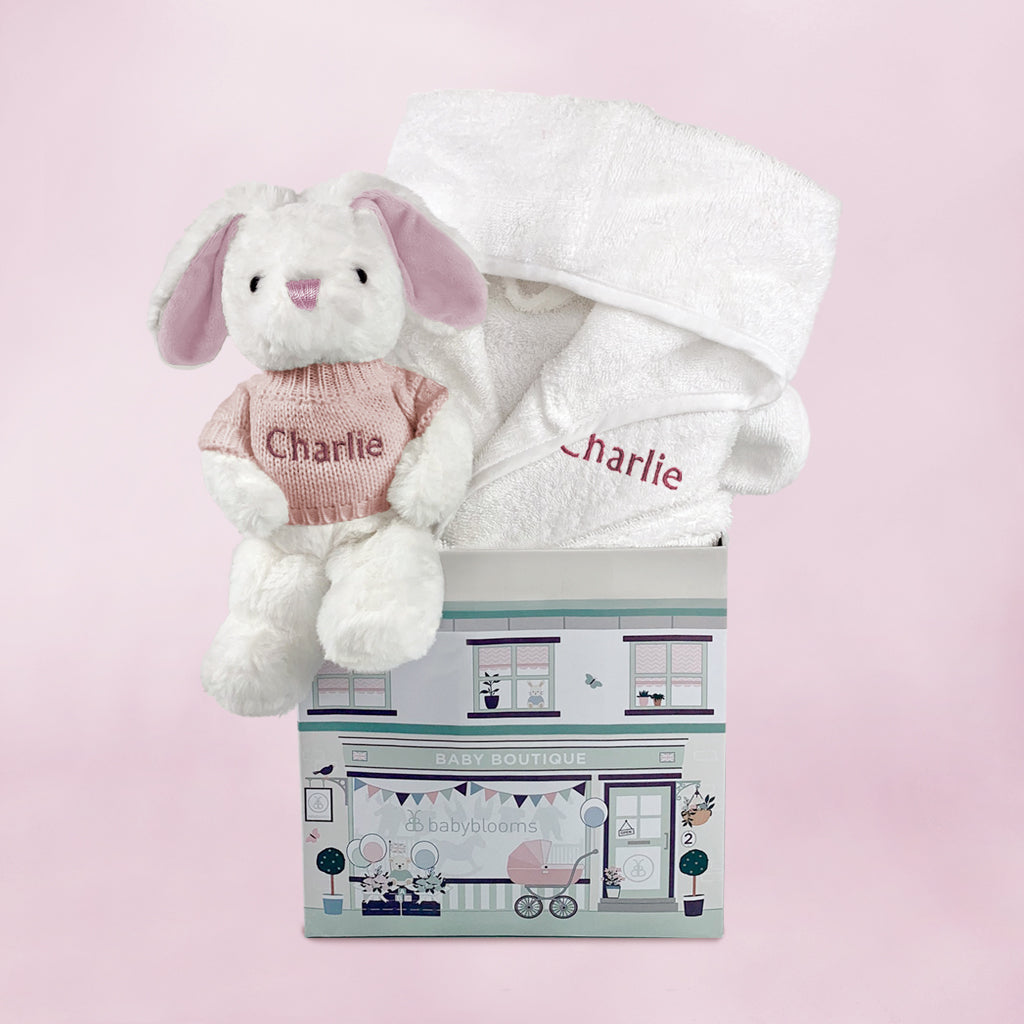 Personalized Pink Bunny Bathrobe and Hamper Set for Toddlers 1-2 Years - Soft White Baby Bathrobe for Bath Time, Nursery, and Gift Giving