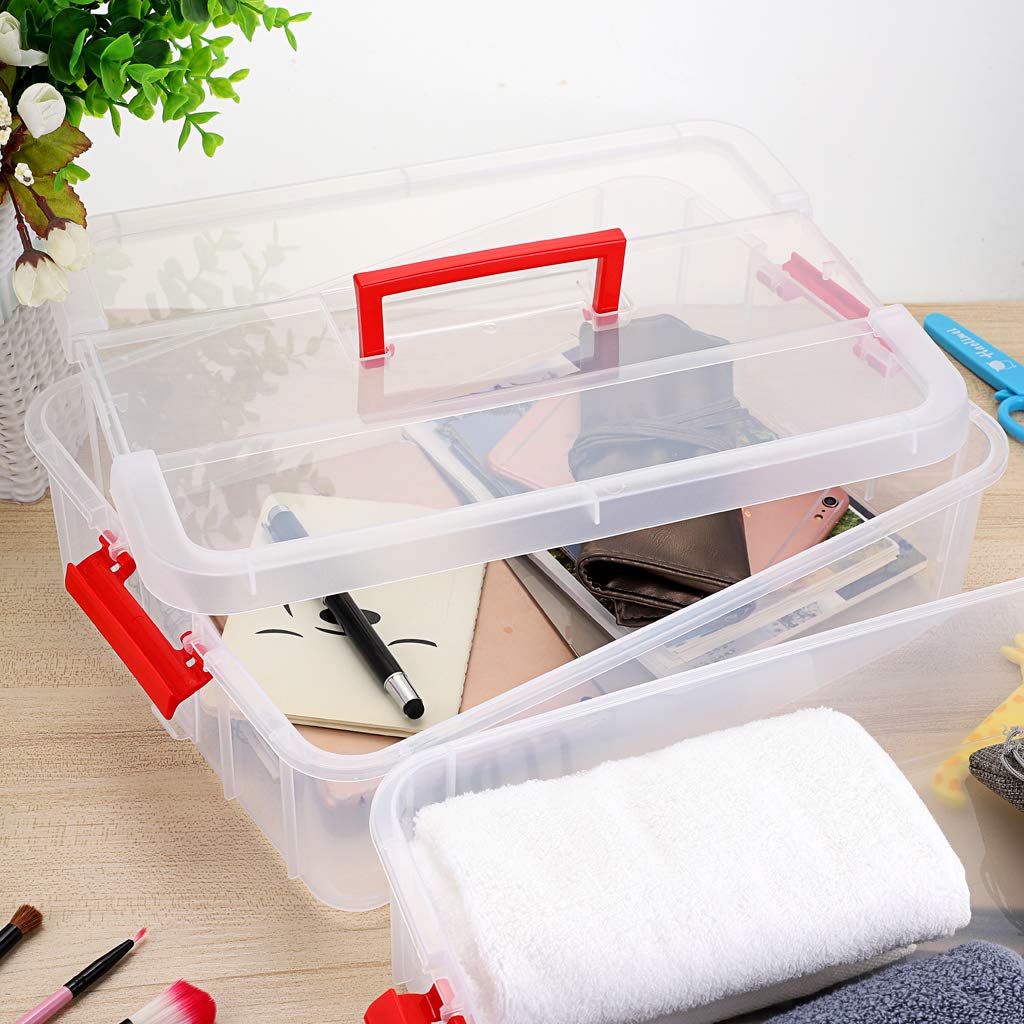 BTSKY 2-Layer Stackable Plastic Storage Box with Handle - Portable Organizer for Stationery, Crafts, Jewelry & Beauty Supplies (Red) - Perfect for Home, Office & Travel Organization