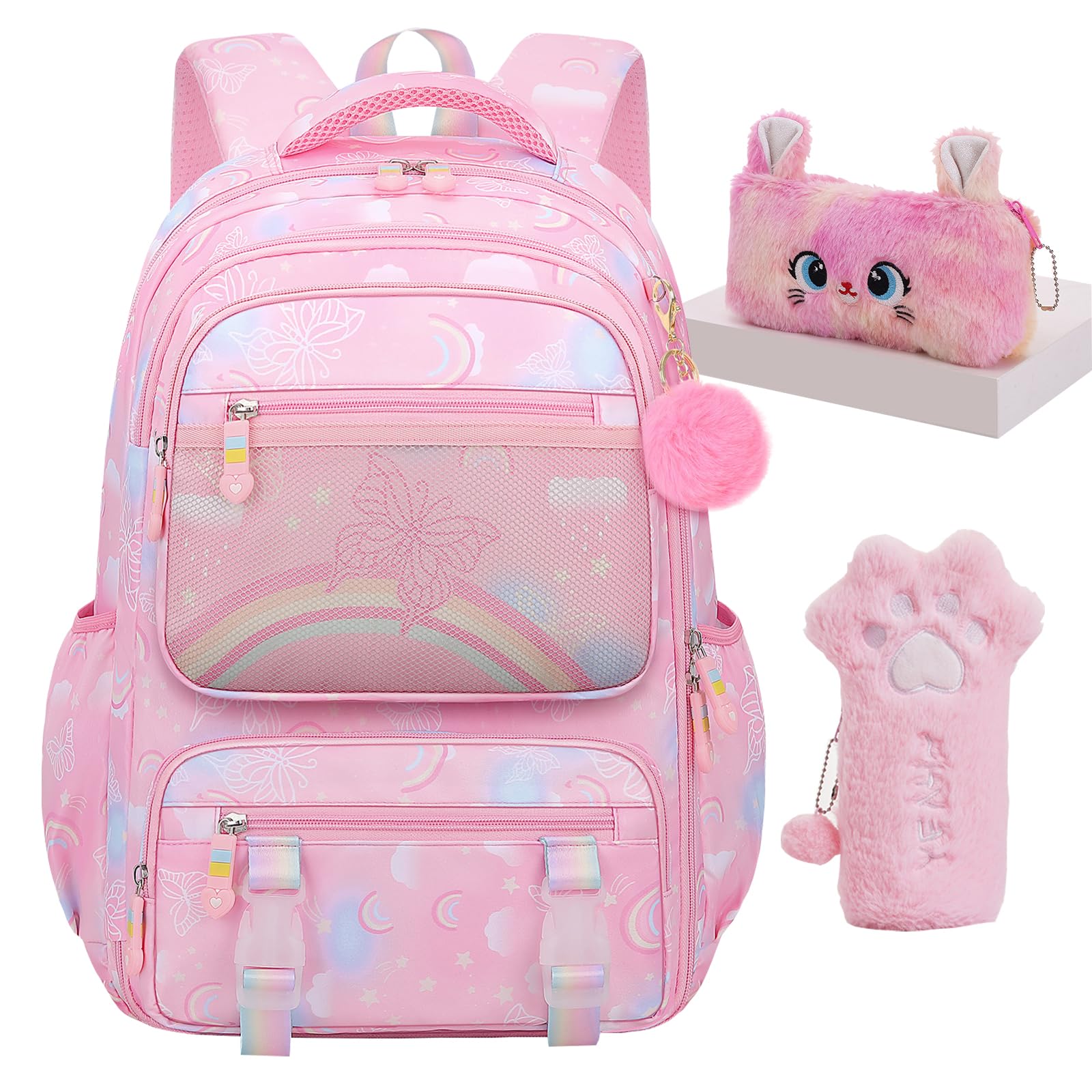 3pcs Girls Backpack Set - Cute Rainbow School Backpack for Kids with Matching Pencil Case (Pink) | Lightweight Durable Backpacks for School, Travel & Daily Use