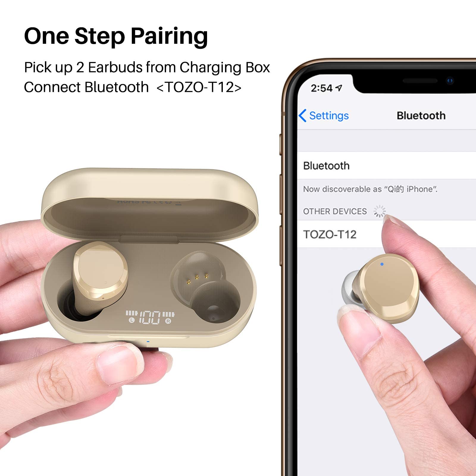 TOZO T12 Wireless Earbuds Bluetooth 5.3 Headphones with Wireless Charging Case, Hi-Fi Stereo Sound, IPX8 Waterproof, Built-in Mic, LED Display - Perfect for Gym, Running & Travel (Renewed, Champagne Gold)