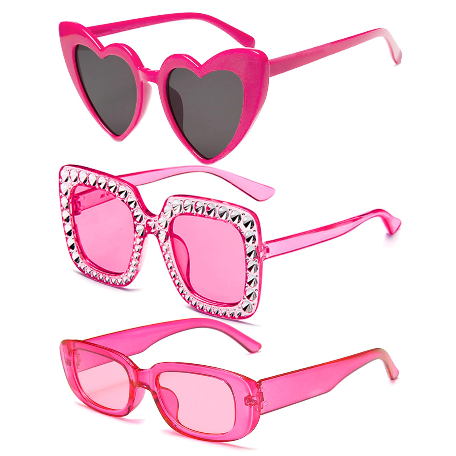 Pibupibu 3-Pack Oversized Sunglasses Set for Women & Men - Heart, Rectangle & Crystal Retro Y2K Style | Trendy Party, Beach, Festival & Everyday Fashion Accessories
