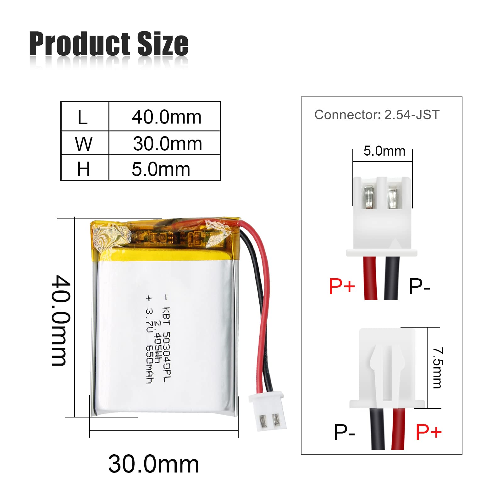 KBT 3.7V 650mAh 503040 Li-Polymer Rechargeable Battery with JST Connector - Perfect for RC Drones, DIY Electronics & Portable Devices