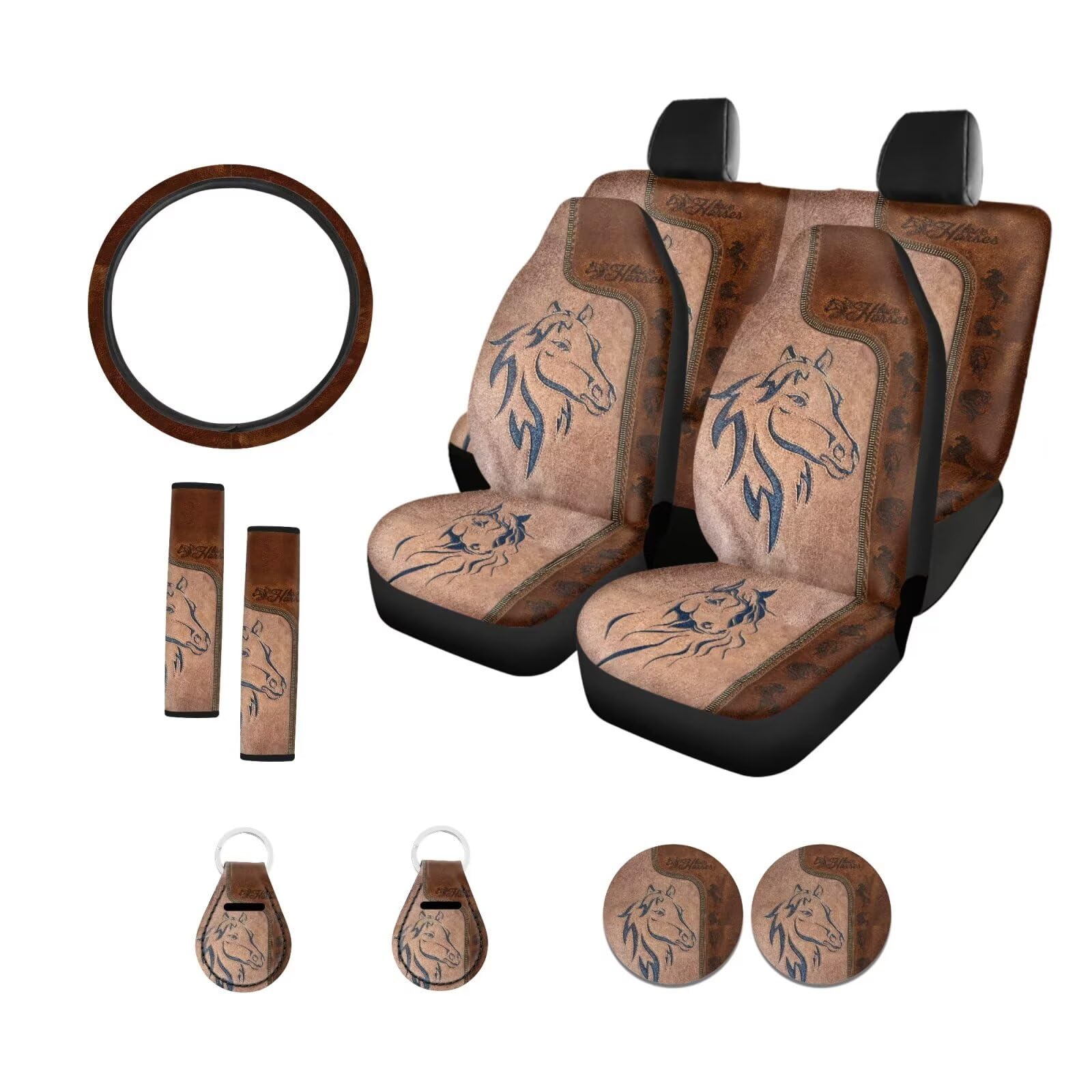Aztec Horse Print Car Seat Covers 11-Piece Set - American Tribal Style Front & Rear Split Seat Protectors with Steering Wheel Cover, Seatbelt Pads, Cup Holder & Keychain - Perfect for SUV, Truck & Car Interior Accessories & Gifts