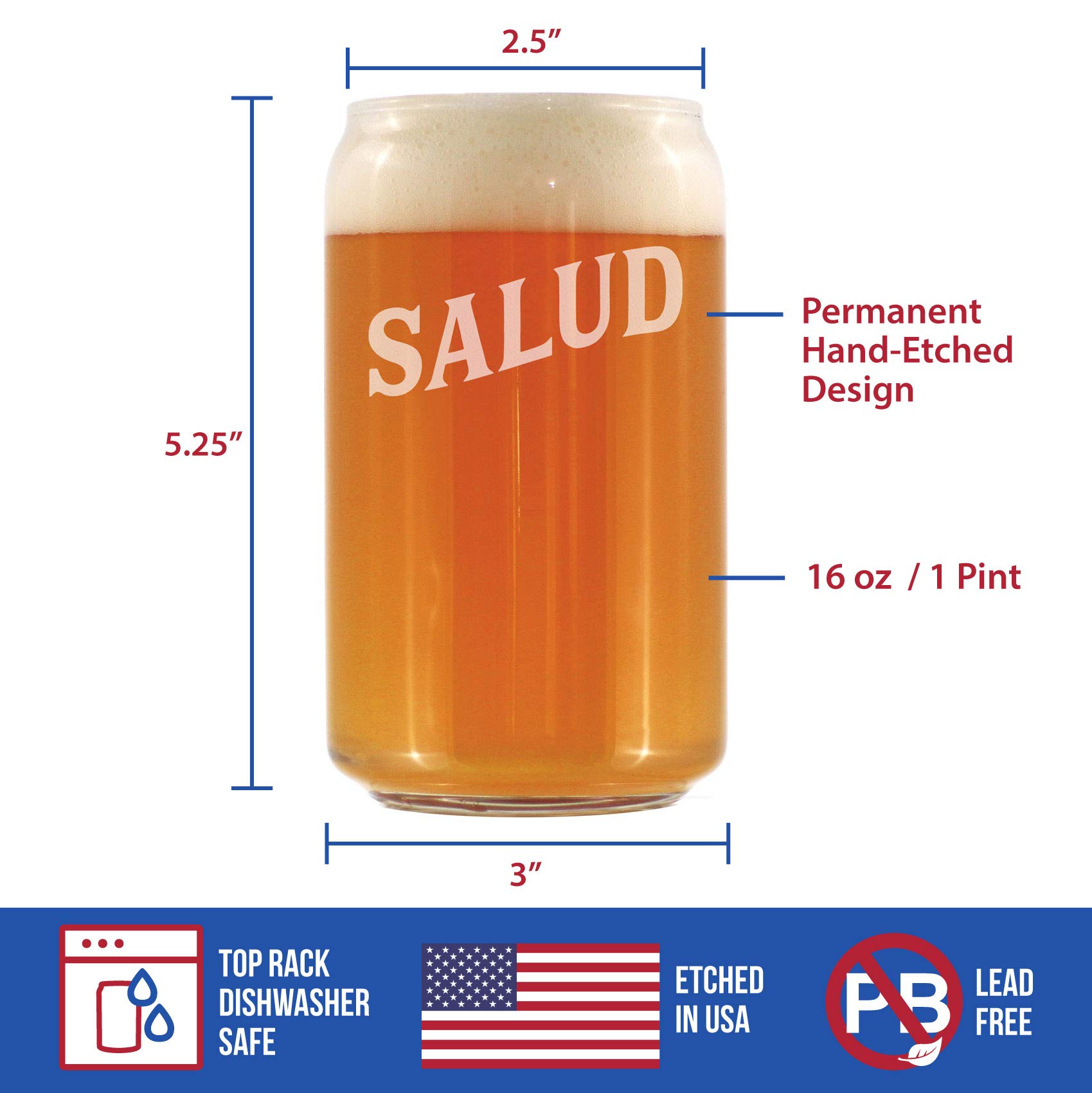 Salud Spanish Cheers Beer Can Pint Glass - 16oz Cute Spain & Mexico Themed Gift for Women - Perfect for Cinco de Mayo, Fiesta Parties & Home Bar Decor