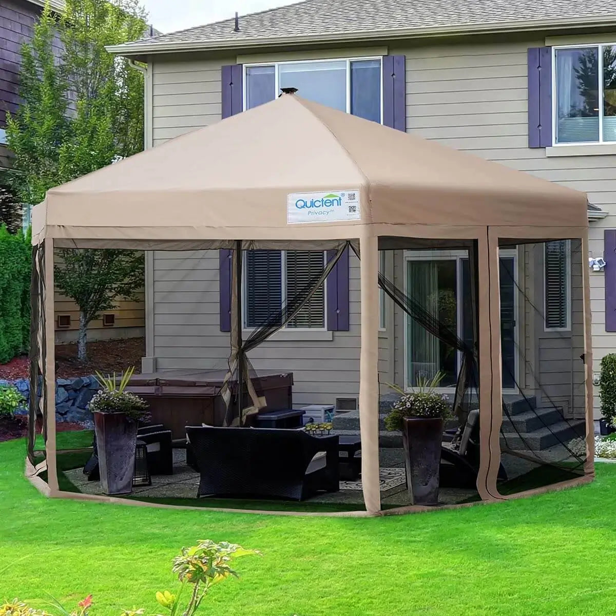 13' x 13' Hexagonal Pop Up Canopy Tent with Mesh Netting & LED Lights for Outdoor Parties, Camping, and Beach Events