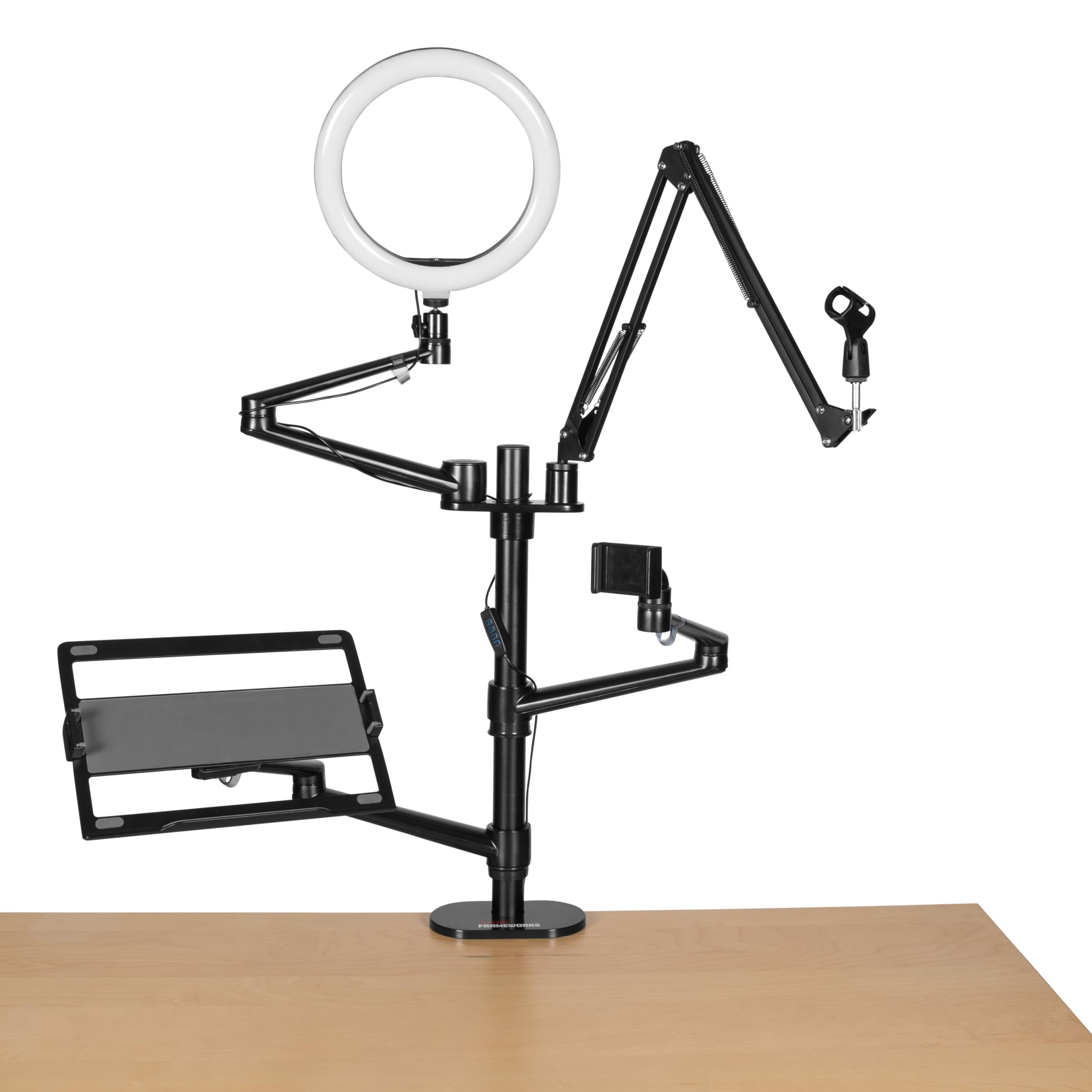 Gator Frameworks 6-in-1 Content Creator Streaming Desktop Stand Set - Smartphone, Tablet & Laptop Holder with VESA Mount, Ring Light & Mic Boom Arm (Black, GFW-STREAMSTAND) - Perfect for Live Streaming, YouTube Videos, Podcasting & Home Office Setup