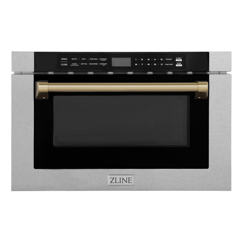 ZLINE Autograph Edition 24 Inch Built-In Microwave Drawer - 1.2 cu ft Capacity, Satin Stainless Steel with Champagne Bronze Accents, Traditional Handle (MWDZ 1 SS H CB) - Perfect for Modern Kitchens, Luxury Homes, and Gourmet Cooking Spaces