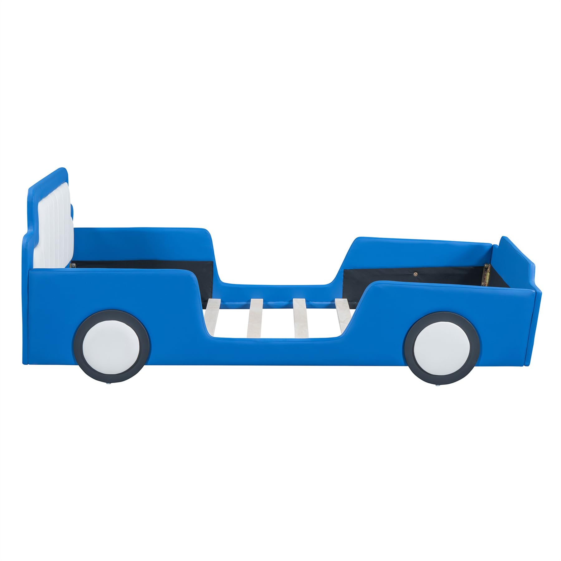 Merax Twin Size Race Car Platform Bed with Wheels - PU Leather Kids Bed Frame for Boys, Twin Size Car Bed with Headboard - Fits Standard Twin Mattress (Mattress Not Included) - Perfect for Kids' Bedroom, Playroom & Themed Decor