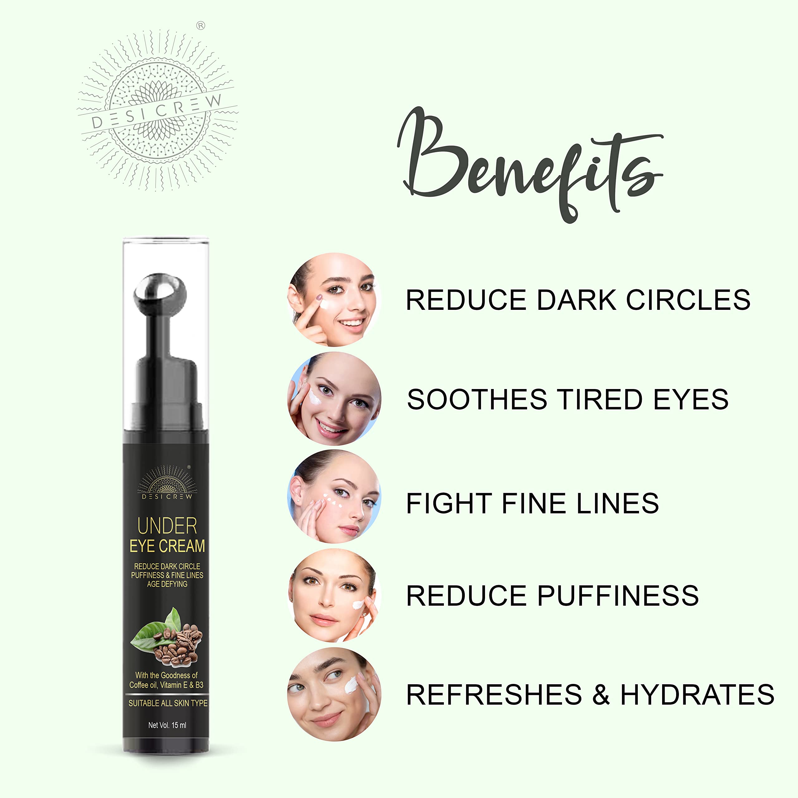 Desi Crew Under Eye Cream Gel for Dark Circles - Vitamin E & Coffee Infused, Reduces Puffiness & Fine Lines with Cooling Massage Roller (15ml) | Brighten & Refresh Tired Eyes for Work, Travel & Daily Skincare Routine