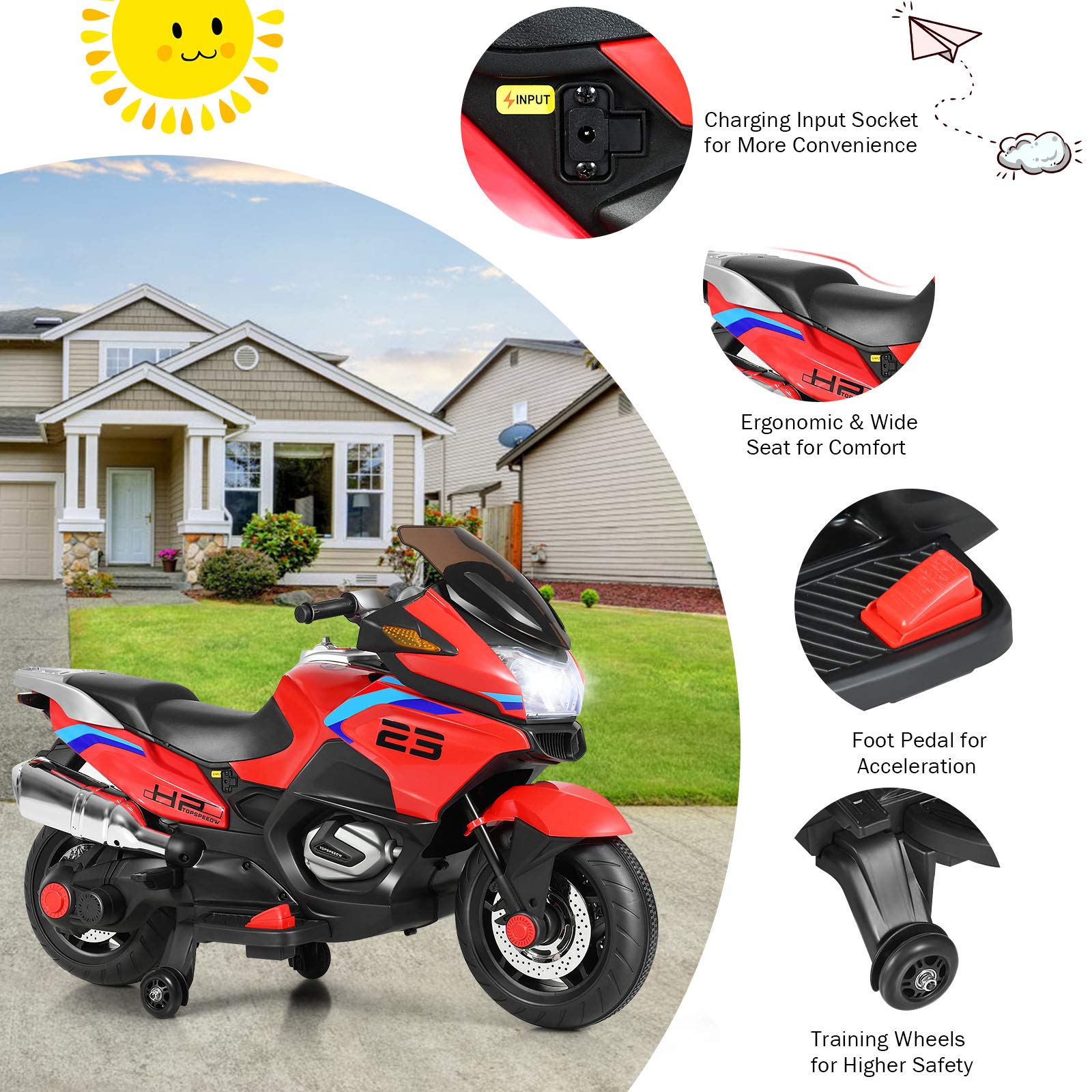 Costzon 12V Electric Ride On Motorcycle for Kids - Battery Powered Toy Bike with Training Wheels, LED Lights, Music & Pedal - Forward/Reverse Function - Perfect Gift for Boys & Girls (Red) - Ideal for Indoor Play, Backyard Fun & Birthday Presents