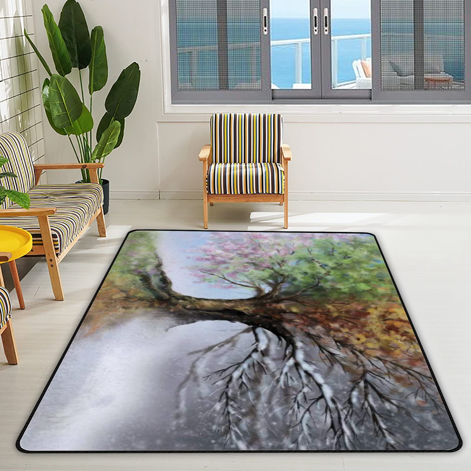 Large Non-Slip Area Rug with Four Seasons Tree Design - 60x39 Inch Soft Floor Carpet for Living Room, Bedroom, Nursery & Playroom | Perfect for Home Decor, Kids Play Area and Yoga Practice