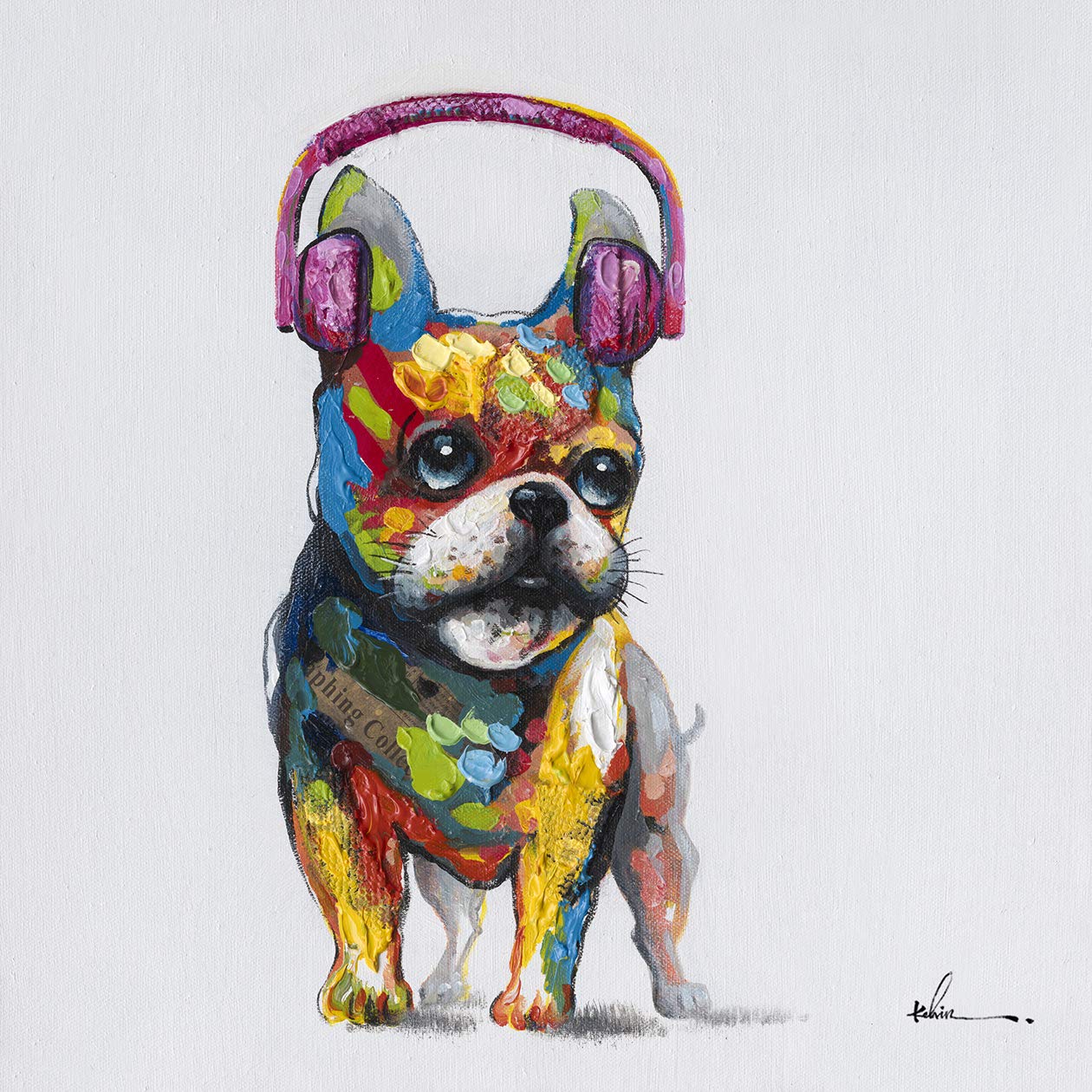 French Bulldog Headphones Canvas Wall Art - Cute Dog Painting for Living Room & Nursery