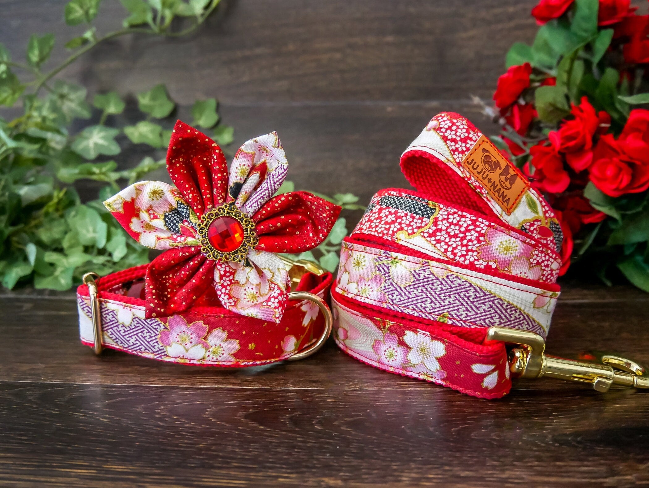 Japanese Kimono Dog Collar and Leash Set - Red Sakura Floral Pattern, Adjustable Pet Harness for Small to Medium Dogs, Perfect for Cosplay, Halloween, and Traditional Japanese Festivals