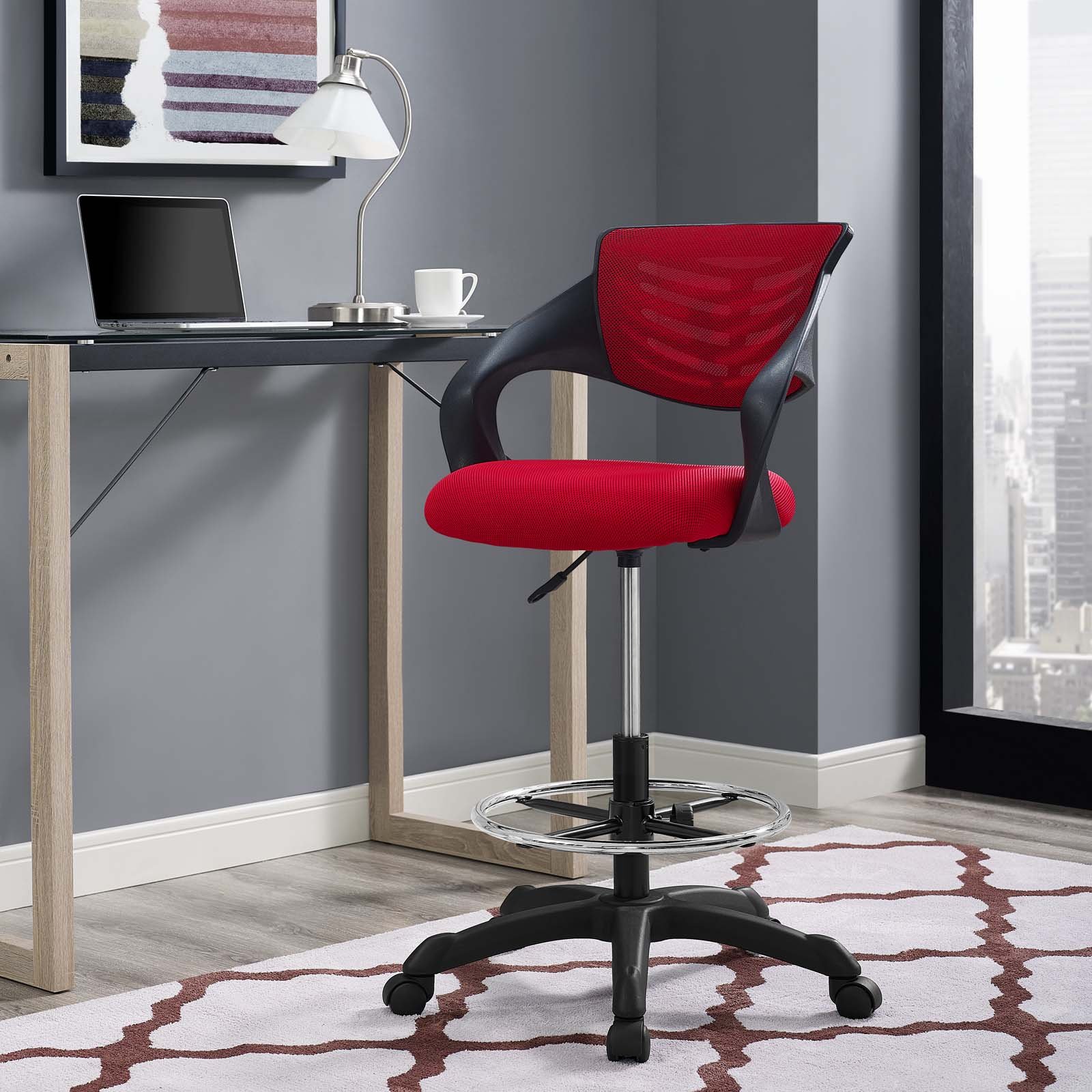 Modway Thrive Adjustable Drafting Chair - Ergonomic Tall Office Chair for Standing Desks, Red - Perfect for Architects, Artists & Home Office Workspaces