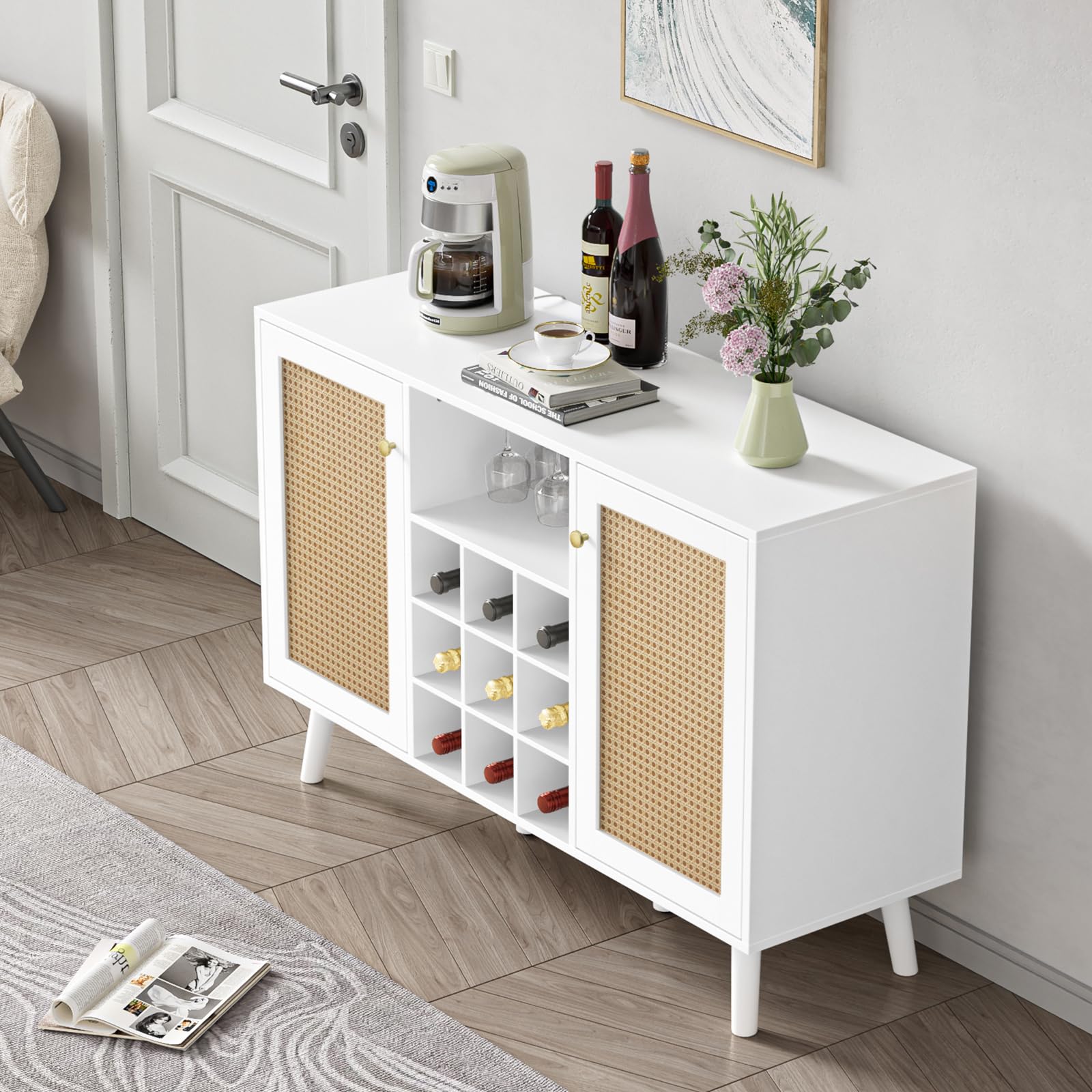 **Giluta White Rattan Sideboard Buffet Cabinet - 2-Door Farmhouse Wine Bar with Wine Rack & Glass Holder - Storage Cabinet for Living Room, Dining Room, Kitchen - Perfect for Entertaining & Home Decor**