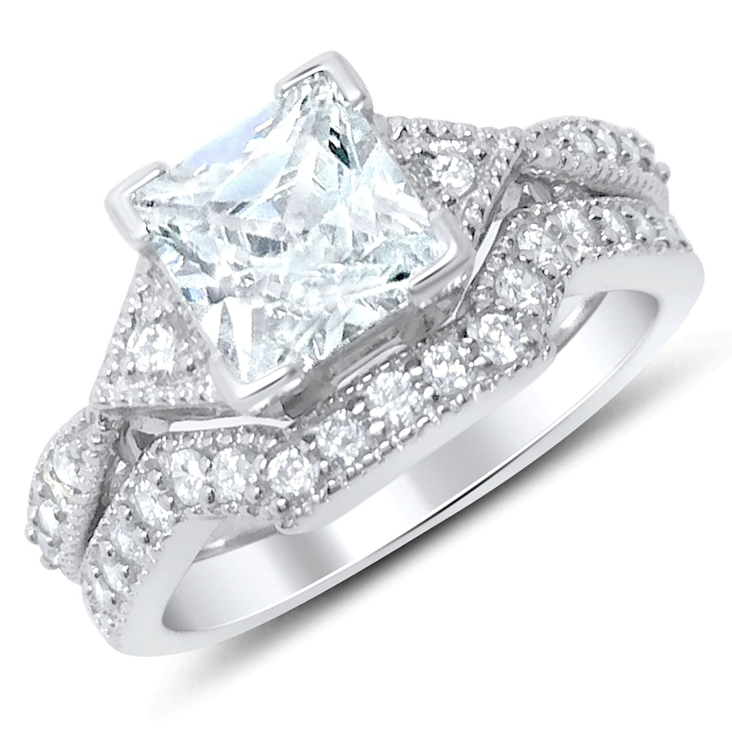 Princess Cut Wedding Ring Set for Couples - His & Her Matching Black Band Engagement Rings - Perfect for Anniversaries, Proposals & Romantic Occasions