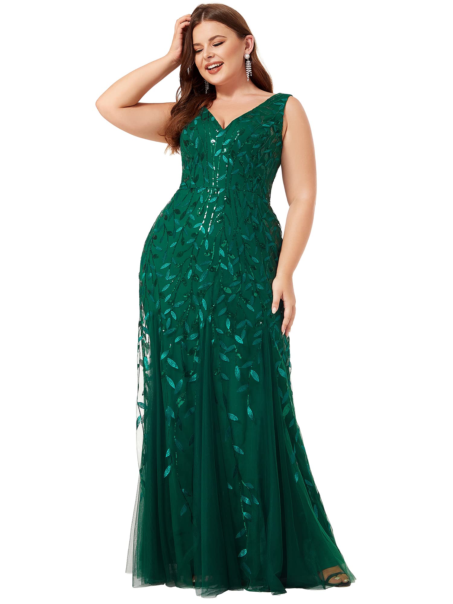 Ever-Pretty Women's Sequin V-Neck Sleeveless Bodycon Mermaid Evening Gown Plus Size Formal Dress for Prom, Party & Special Occasions - Style 07886-PZUSA