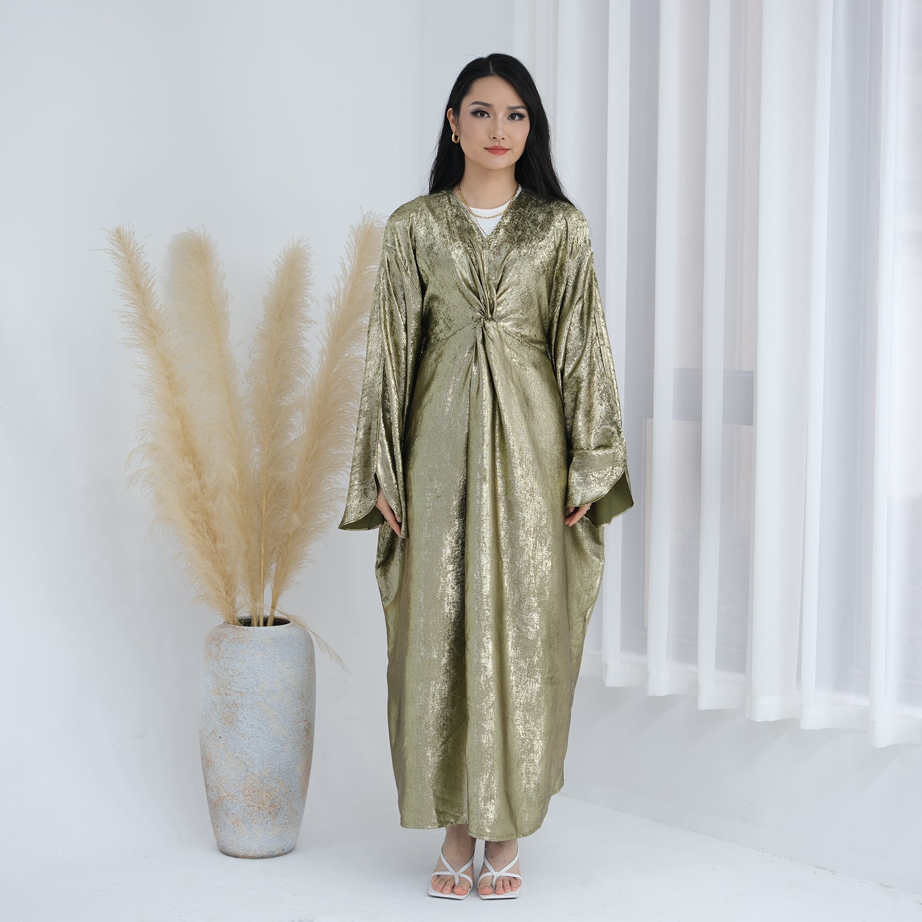 Elegant Florence Knot Shimmer Abaya Dress - Olive Green Islamic Prayer Gown for Women | Perfect for Eid, Mosque, and Special Occasions