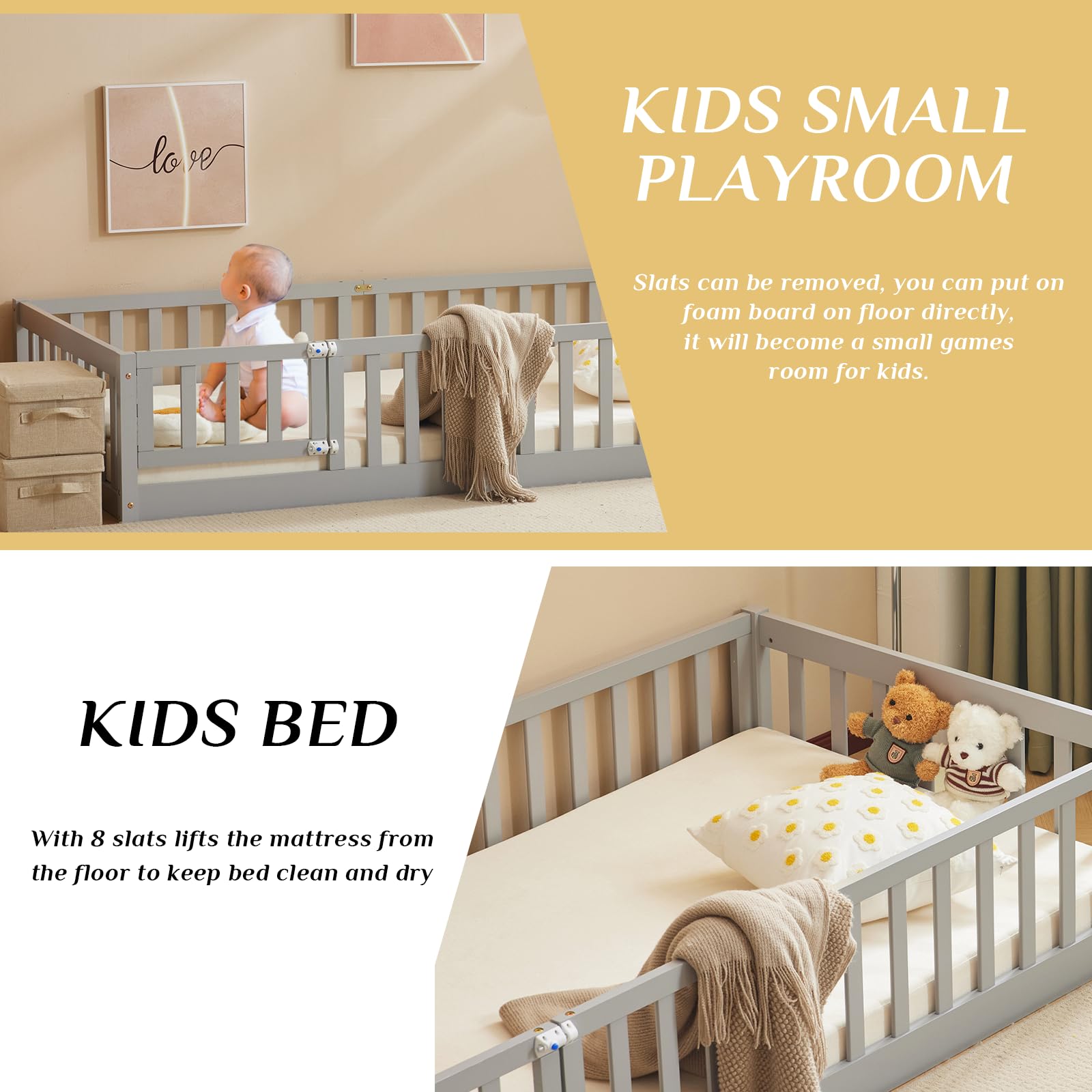 Montessori Toddler Floor Bed with Door & Safety Fence - Solid Wood Twin Bed Frame for Kids with 12 Slats & Guardrails - Grey (Perfect for Girls & Boys Bedroom, Playroom or Montessori Learning Space)