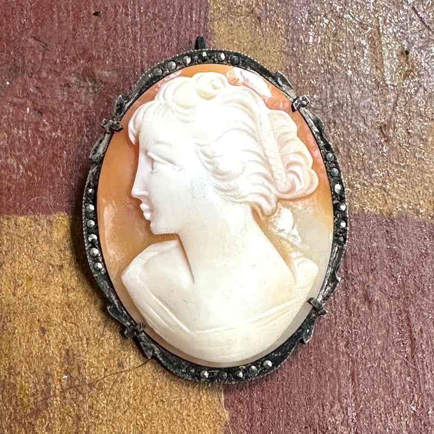 Vintage 800 Silver Carved Shell Cameo Pin Pendant - Elegant Jewelry for Women, Gift for Mother's Day, Bridal, Wedding & Special Occasions