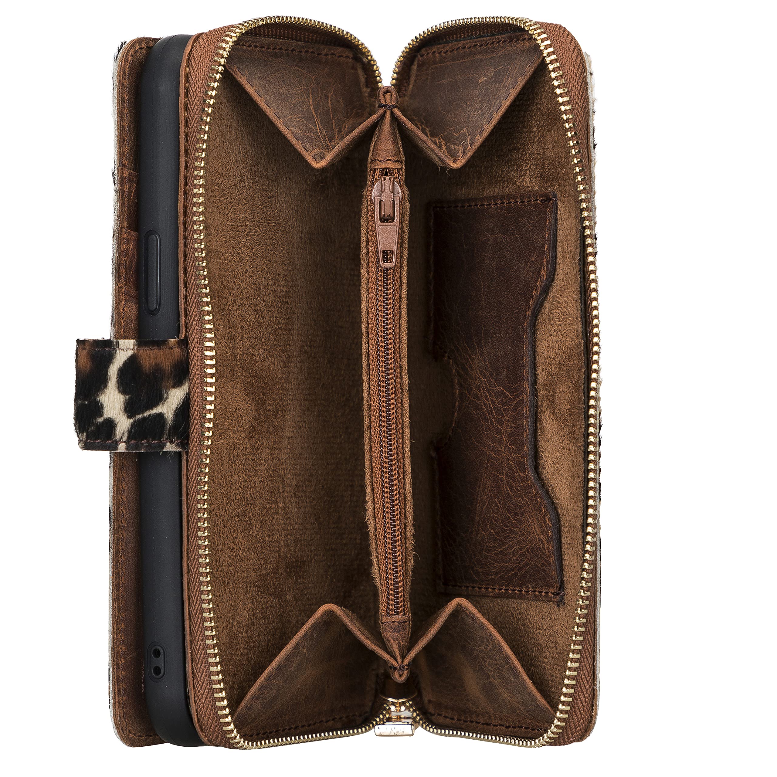 Premium Full Grain Leather iPhone 12 Pro Max Wallet Case with Magnetic Detachable Card Holder & Zipper Closure - Stylish Leopard Print Protective Phone Cover for Women & Men | Perfect for Travel, Work & Everyday Use