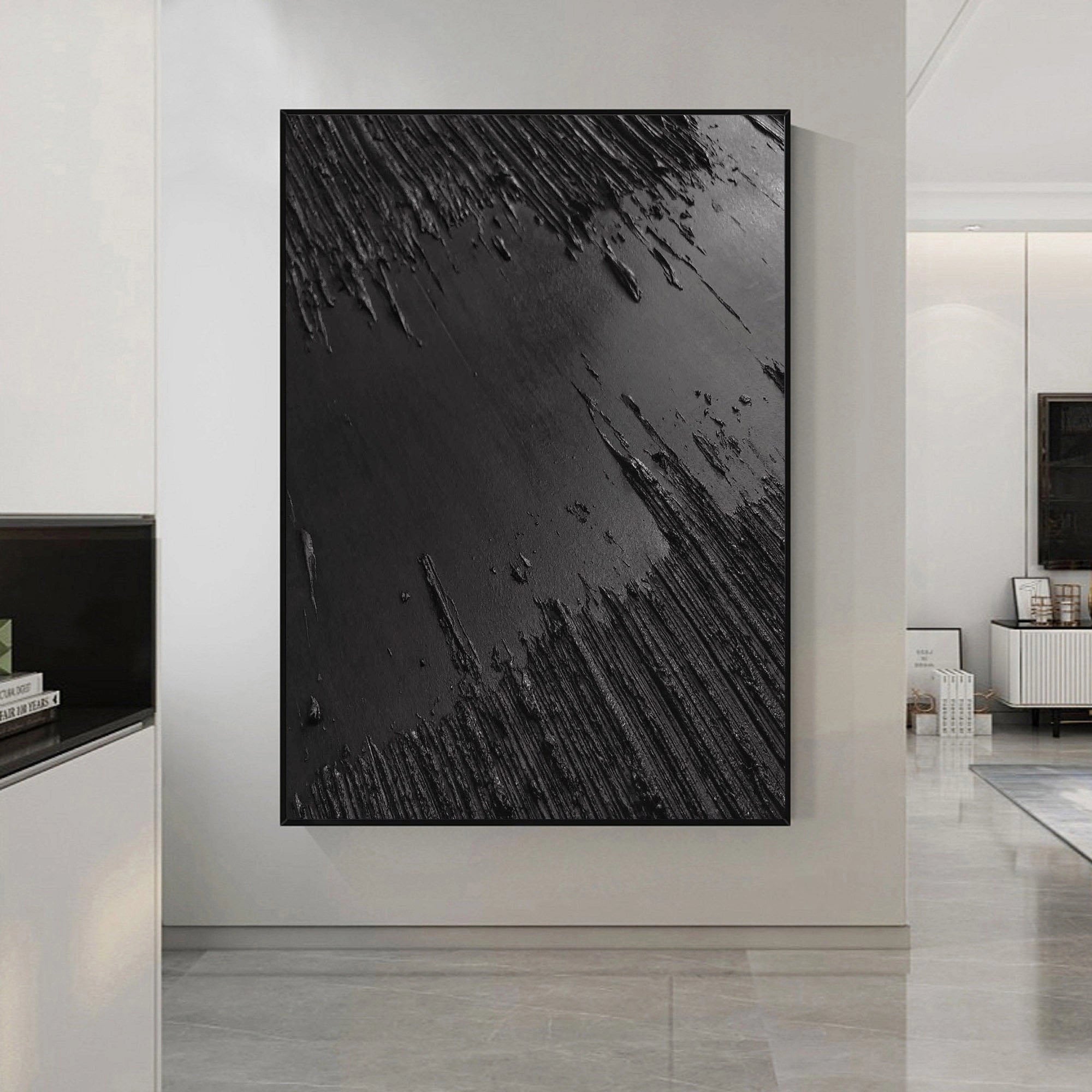Black Minimalist Textured Painting Canvas #MZ013 - Modern Abstract Wall Art for Living Room, Bedroom & Office Decor