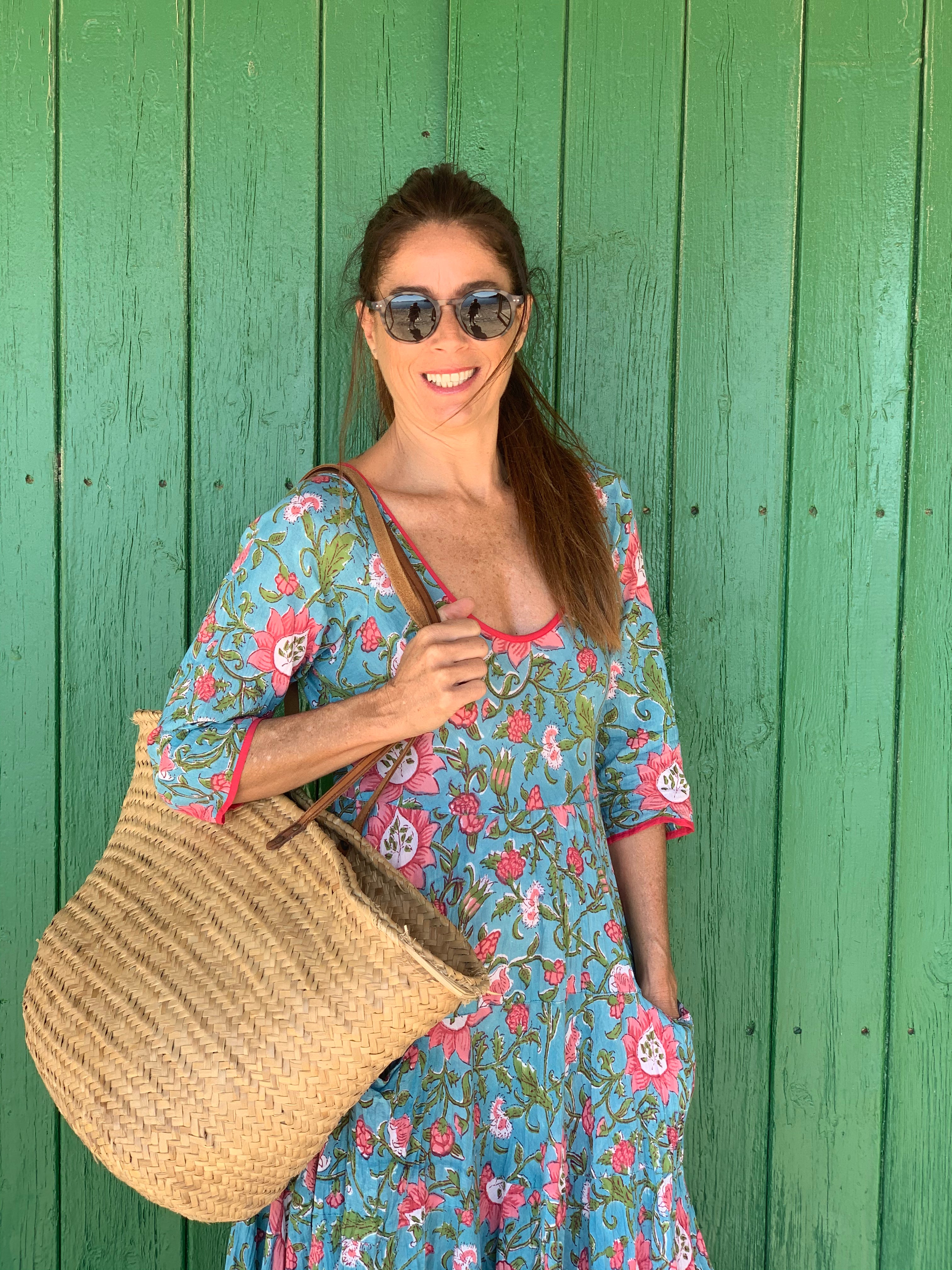 Turquoise Floral Hand Block Print Sundress - Women's Boho Summer Dress for Beach, Vacation & Casual Outings