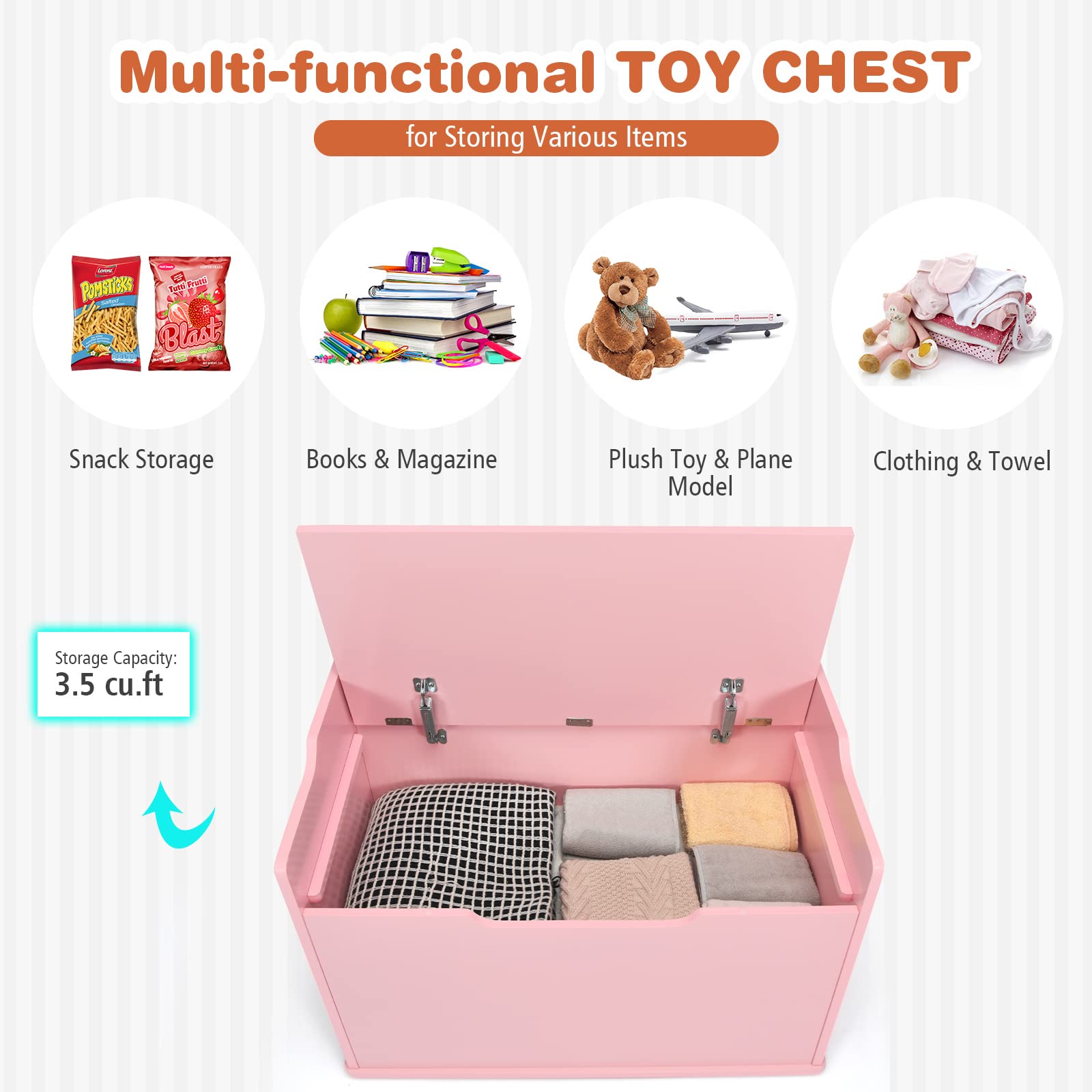 Costzon Kids Wooden Toy Storage Chest with Bench Seat - Safe Finger-Pinch Prevention Lift-Top Design, Multi-Functional Toy Box Organizer for Bedroom, Playroom & Nursery - Pink (Perfect for Toy Storage, Kids Room Decor & Entryway Seating)