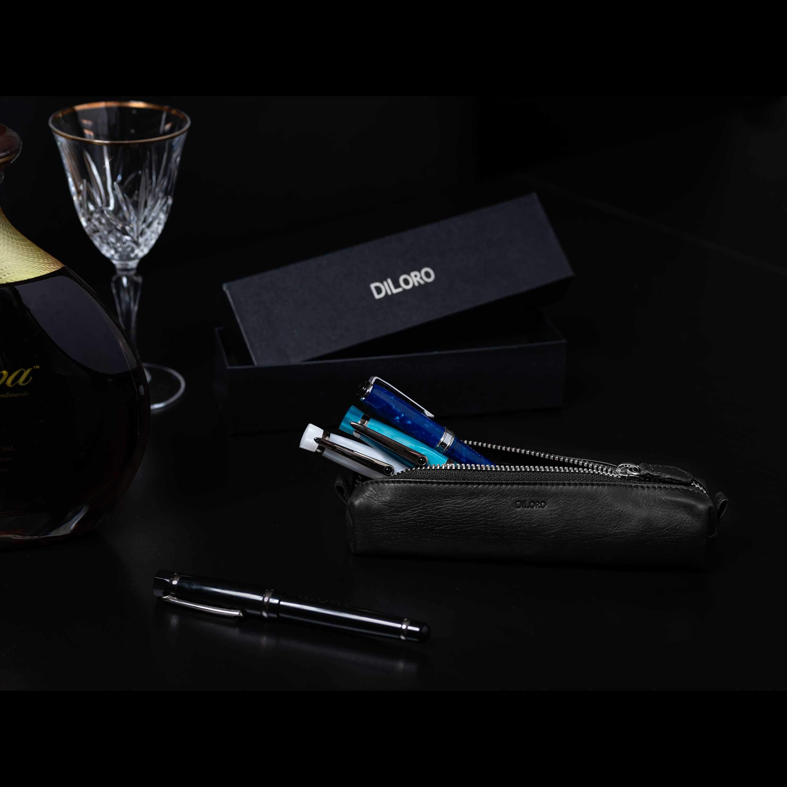 Premium Genuine Full Grain Soft Nappa Leather Pen Case Holder - Zippered Pouch for Fountain, Ballpoint, Rollerball Pens & Pencils (Black) - Perfect for Office, School, Travel & Gift Giving