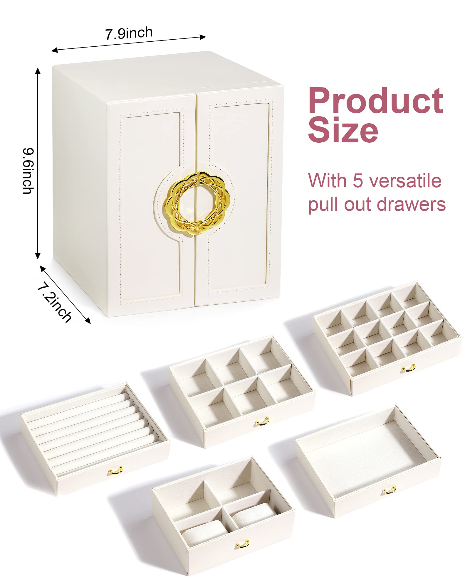 5-Drawer Large Jewelry Box Organizer - Leather Storage Case for Necklaces, Earrings, Rings, Watches & Bracelets | Elegant Stand-Up Holder | Perfect Gift for Women & Girls (White) | Ideal for Bedroom Vanity, Travel & Jewelry Display