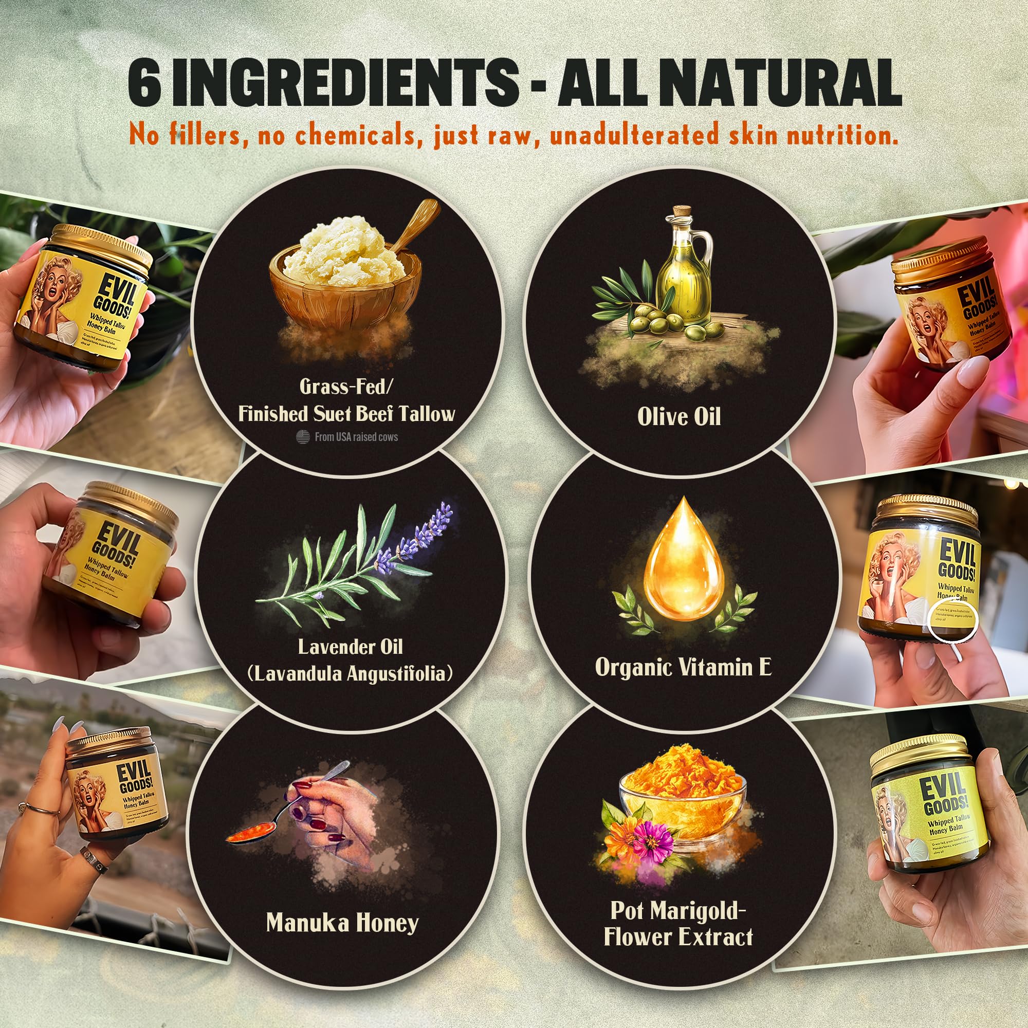 Organic Grass-Fed Whipped Beef Tallow & Manuka Honey Balm - 4oz Lavender Face Cream, Moisturizer & Body Lotion for Dry Skin - Hydrating Skin Care & Lip Balm for Nighttime Routine & Daily Use