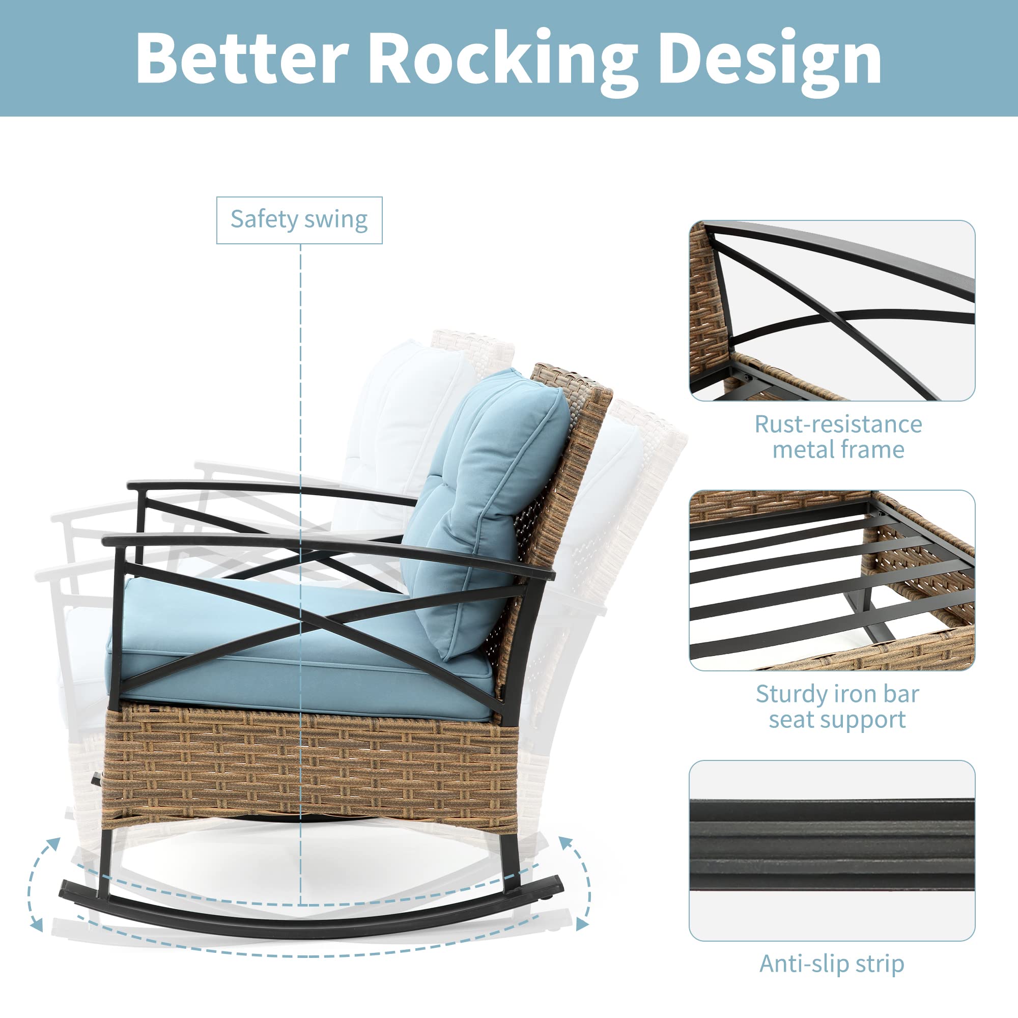 3-Piece Outdoor Rocking Chair Set - Patio Bistro Furniture with 2 Wicker Rockers & Blue Cushions + Table - Perfect for Porch, Lawn, Garden & Backyard Relaxation