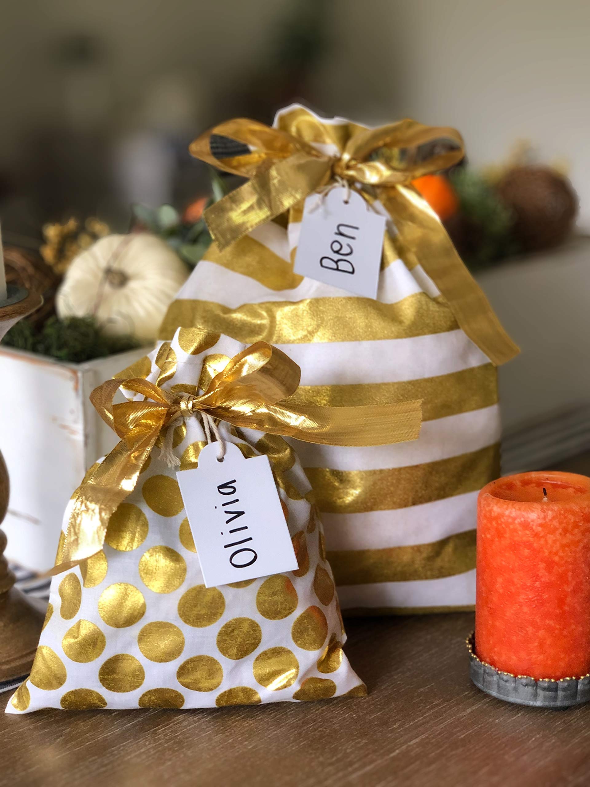 Eco-Friendly Reusable Fabric Gift Bags Set of 5 - 3 Large (12x16 inch) & 2 Small (8x10 inch) - Premium Gold Gift Wrapping for Birthdays, Weddings & Holidays - Sustainable Christmas Present Packaging Alternative