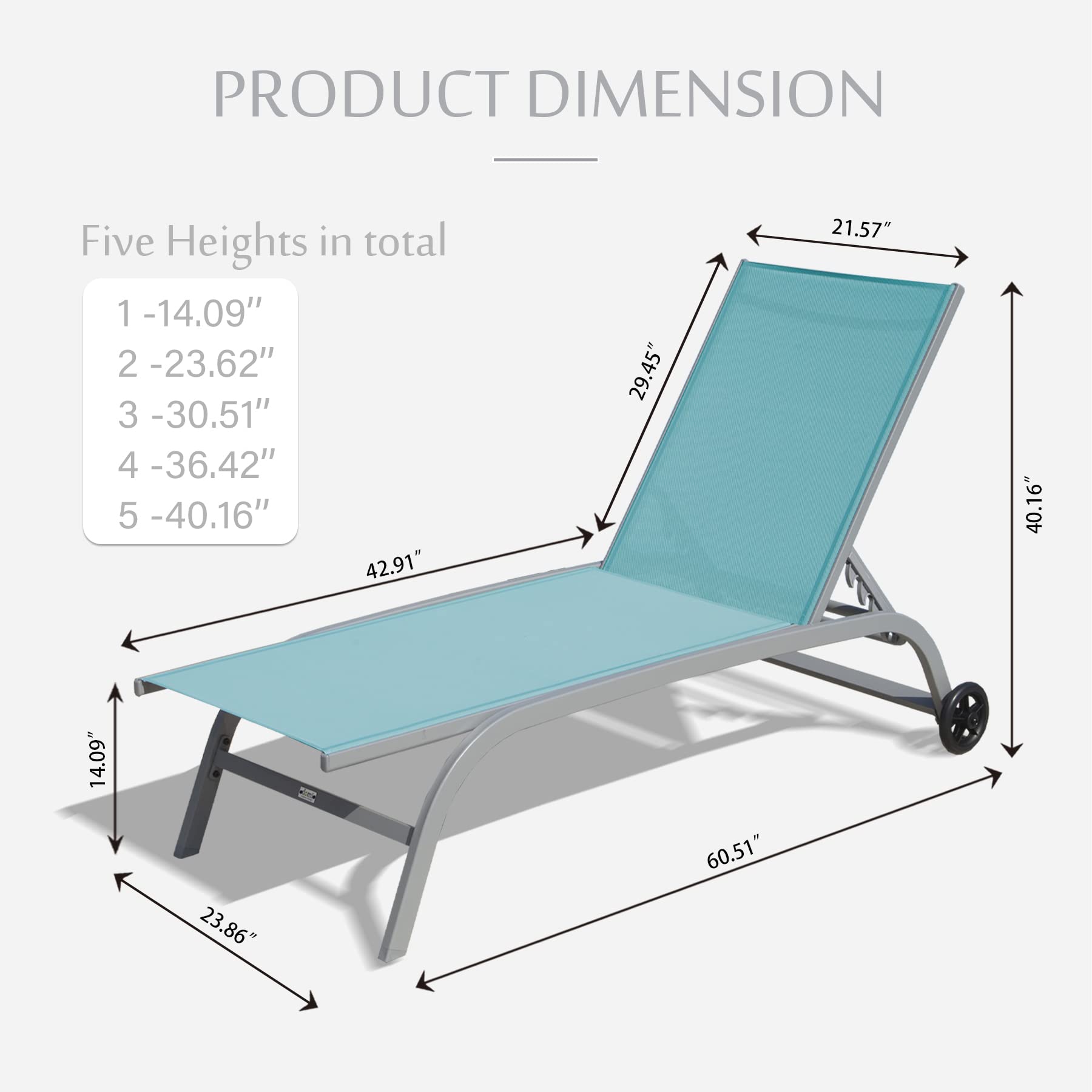 **Domi Chaise Lounge Outdoor Set of 2 - Adjustable Poolside Lounge Chairs with Wheels, 5-Position Reclining for Patio, Yard, Deck - Turquoise Blue - Perfect for Sunbathing & Relaxing by the Pool**