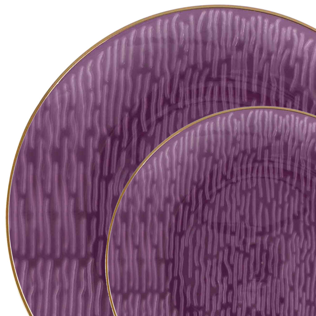 24 Pack Purple and Gold Rim Round Plastic Dinnerware Set - 12-Piece Service for 12 Guests - Shatterproof Disposable Plates for Parties, Weddings & Events - Elegant Icicle Design Tableware