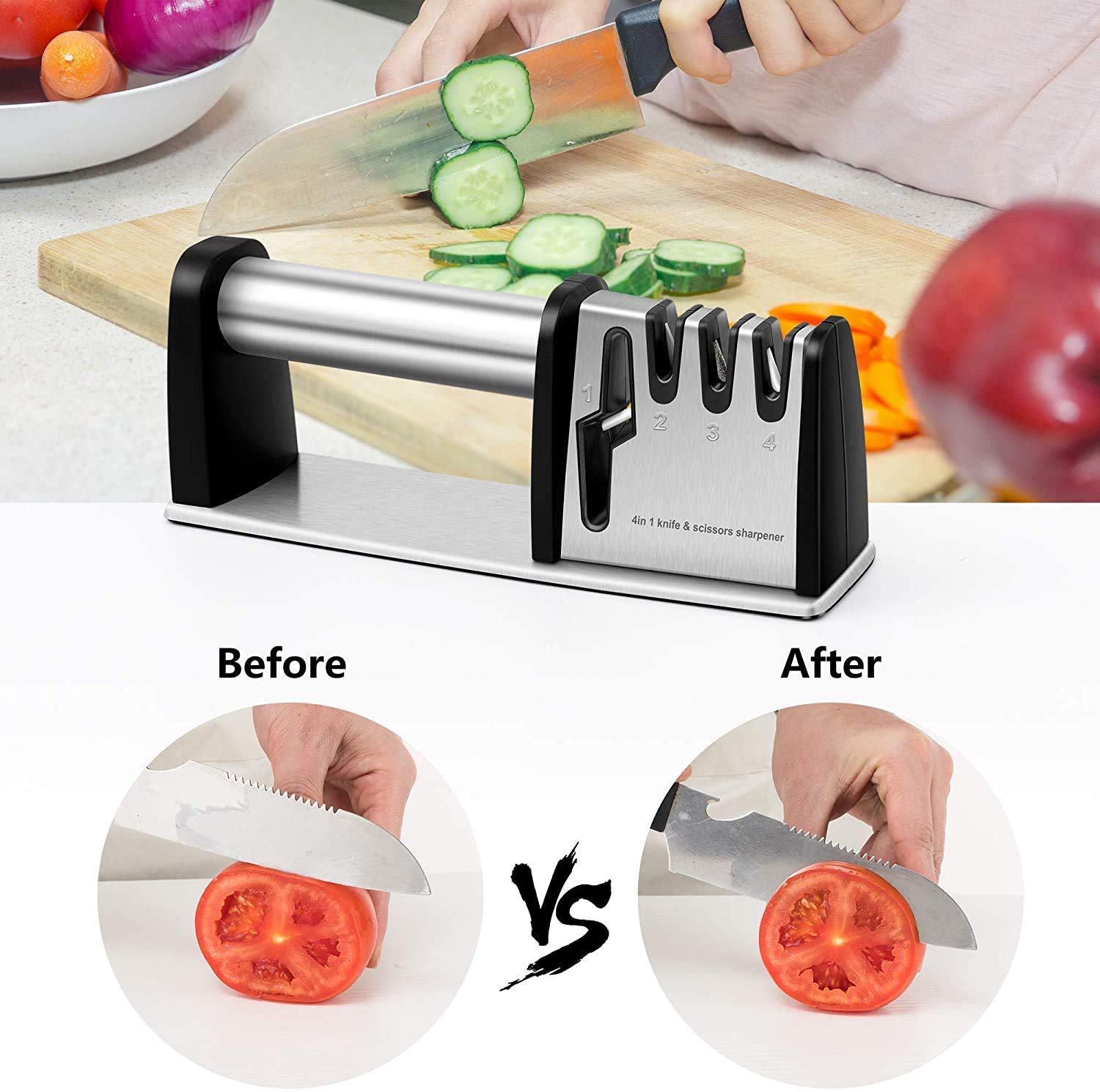 4-in-1 Professional Knife Sharpener - Kitchen Blade & Scissors Sharpening Tool for Chefs | Manual Knife Sharpener for Home & Restaurant Use | Perfect for Kitchen Prep, Camping & Outdoor Cooking
