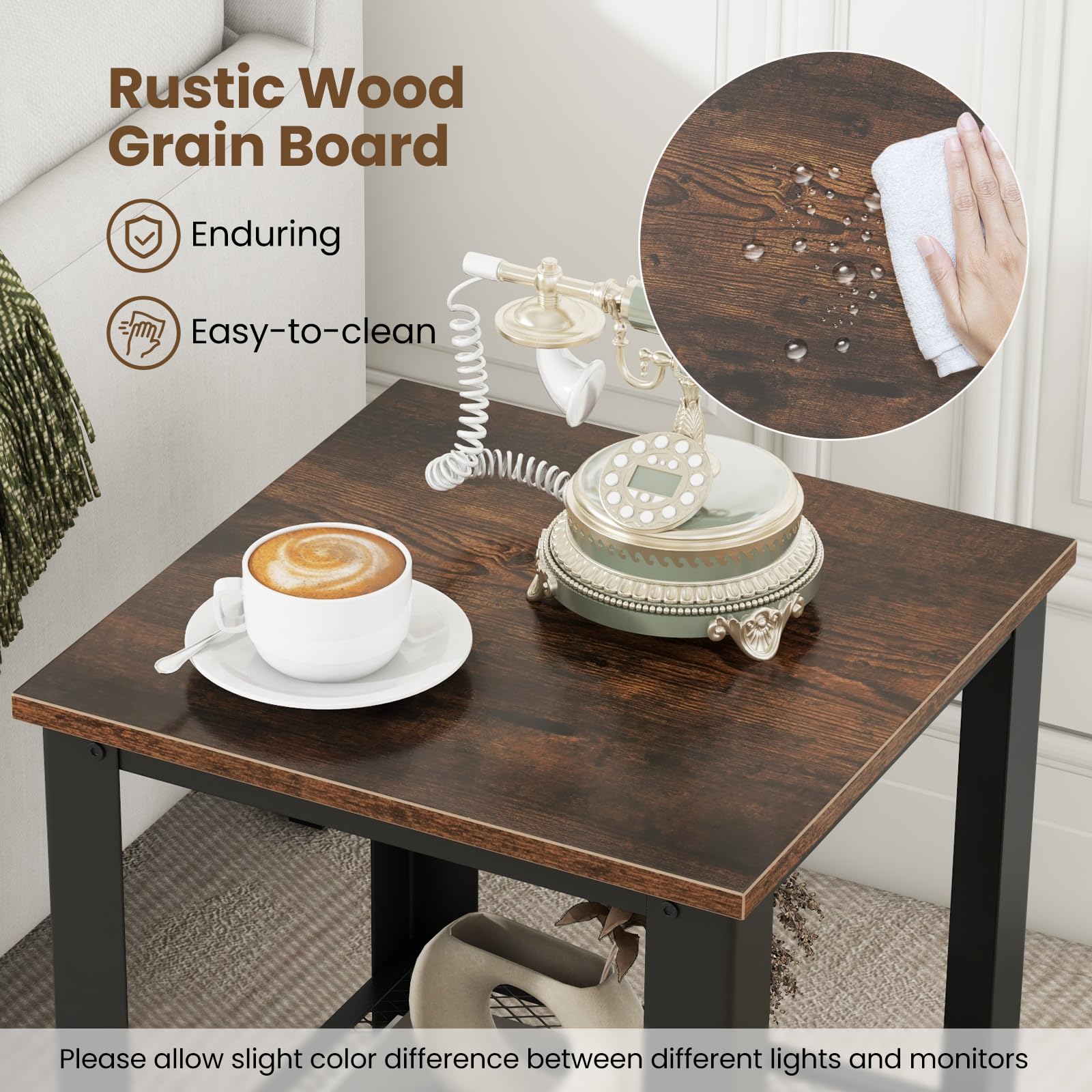 Giantex 2-Tier End Table Set of 2, 16 Inch Small Side Table with Mesh Storage Shelf, Industrial Telephone Table with Heavy-Duty Metal Frame, Square Sofa Table for Small Space Living Room, Rustic Brown - Perfect for Living Room, Bedroom, or Office Use