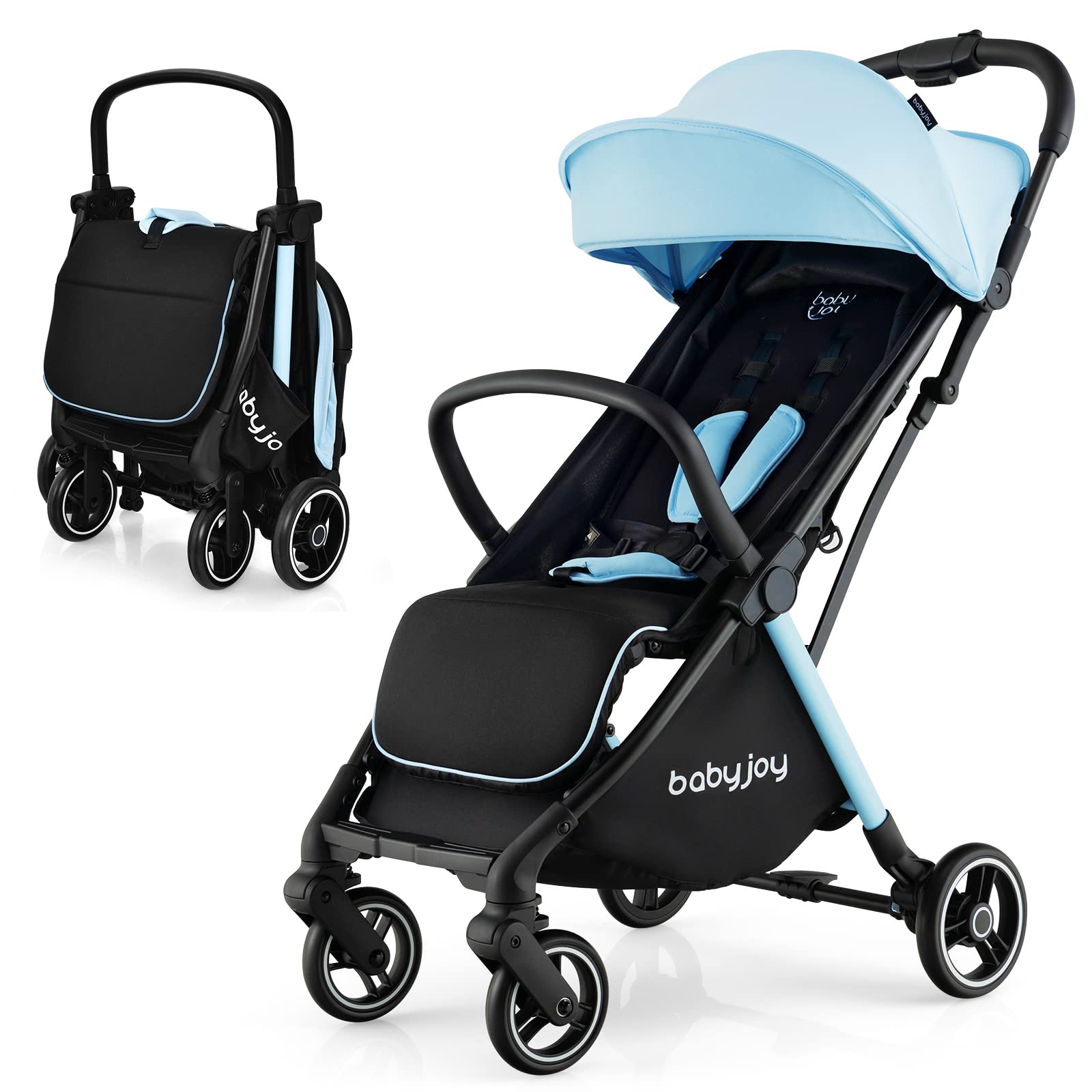 BABY JOY Lightweight Compact Travel Stroller for Airplane - Adjustable Backrest & Canopy, Storage Basket, Self Standing Gravity Fold, Aluminum Frame Baby Stroller for Infants & Toddlers (Blue) - Perfect for Air Travel, Shopping & Daily Walks