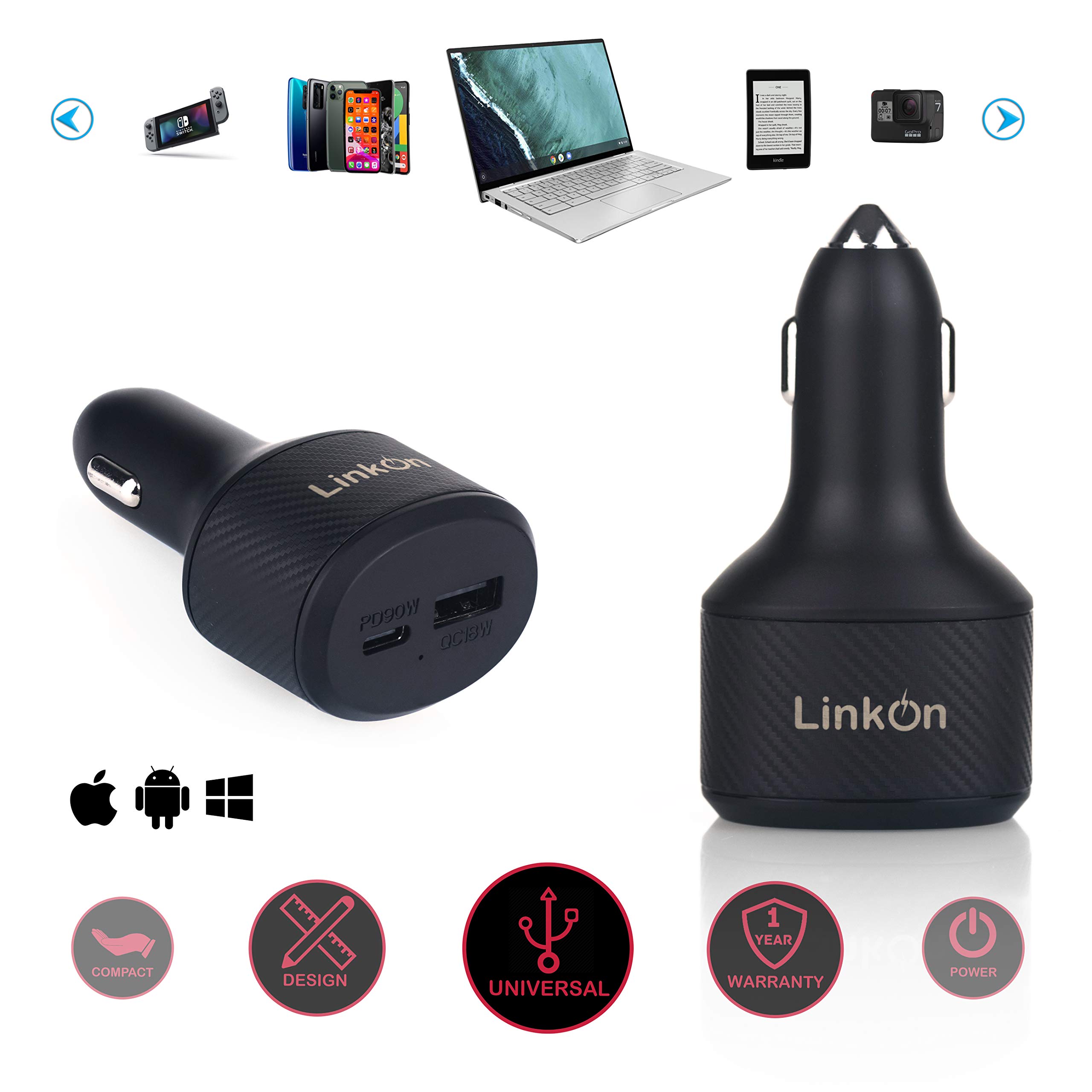 LinkOn 112W USB C Car Charger - Fast Charging Dual Port (90W PD3.0 PPS + 18W QC3.0) for MacBook, Dell XPS, Chromebook, iPhone, iPad & More - Perfect for Road Trips, Business Travel & Daily Commute