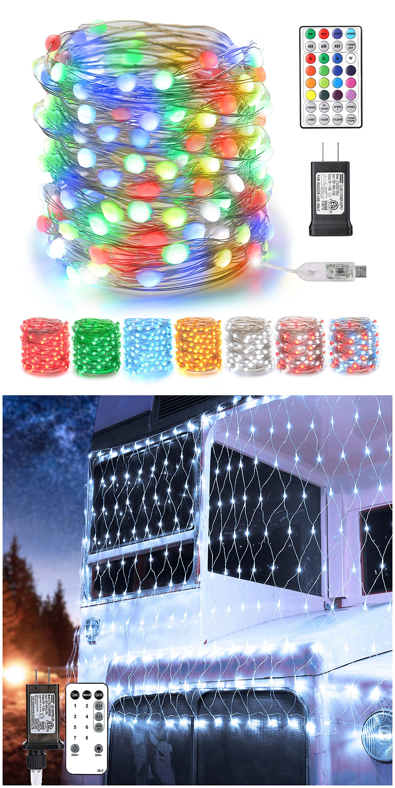 BrizLabs 66ft 200 LED Color Changing Fairy Lights & 11.8ft x 4.9ft 360 LED White Christmas Mesh Lights - 8 Modes Connectable Outdoor Net Lights for Fence, Garden, Bush, Yard, and Holiday Decorations - Perfect for Christmas, Weddings, Parties, and Home Decoration