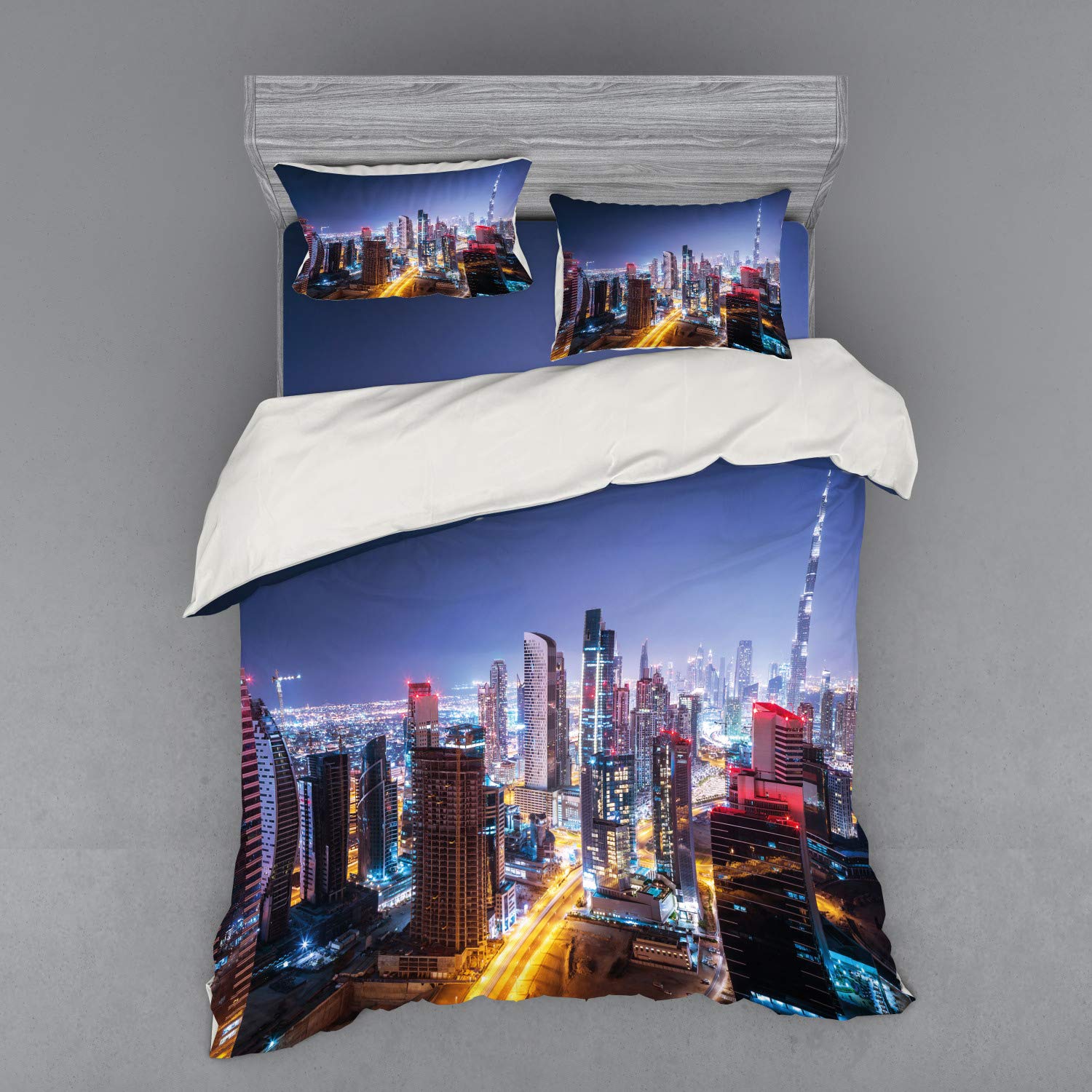 Ambesonne Dubai Skyline Bedding Set - 4 Piece Queen Size Duvet Cover with Shams & Fitted Sheet, Vibrant UAE Travel Theme for Modern Bedrooms | Perfect for Guest Rooms, Vacation Homes & Travel Enthusiasts