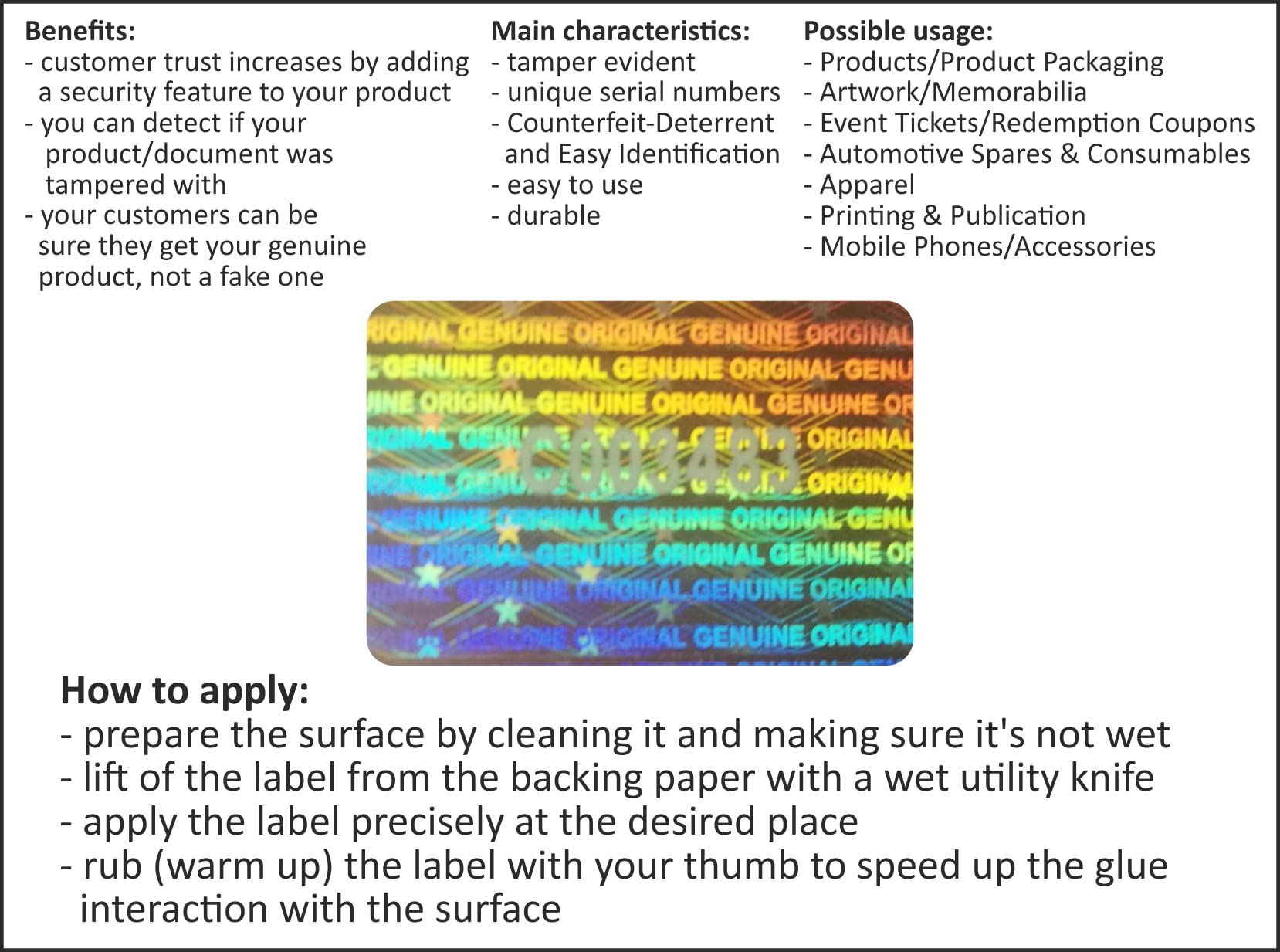 100 Pcs Hologram Security Labels with Unique Serial Numbers - 1.18