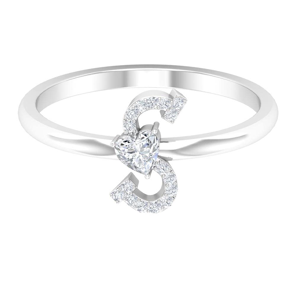 14K White Gold Diamond Initial Rings for Women - Personalized A to Z Letter Rings with Heart Design | Perfect for Gifts, Anniversaries & Special Occasions