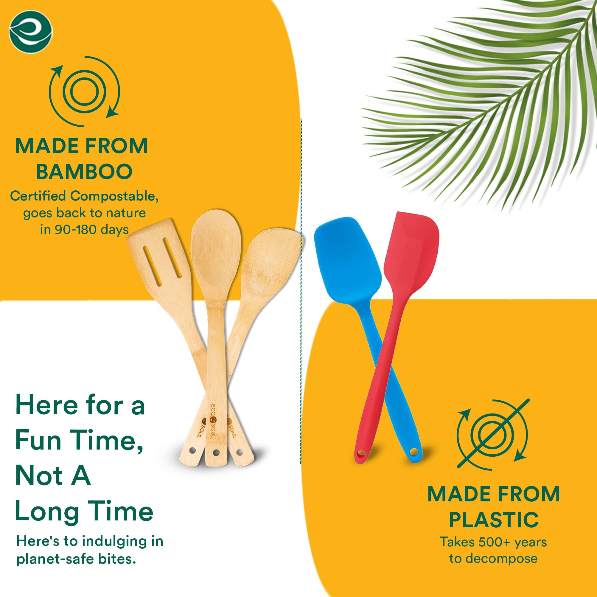 ECO SOUL [Set of 6] Bamboo Cooking Utensils - Non-Stick Wooden Spoons, Ladles & Turners for Kitchen | USDA Certified 30cm Bamboo Wooden Kitchen Tools | Perfect for Cooking, Serving, Mixing & Healthy Meal Prep