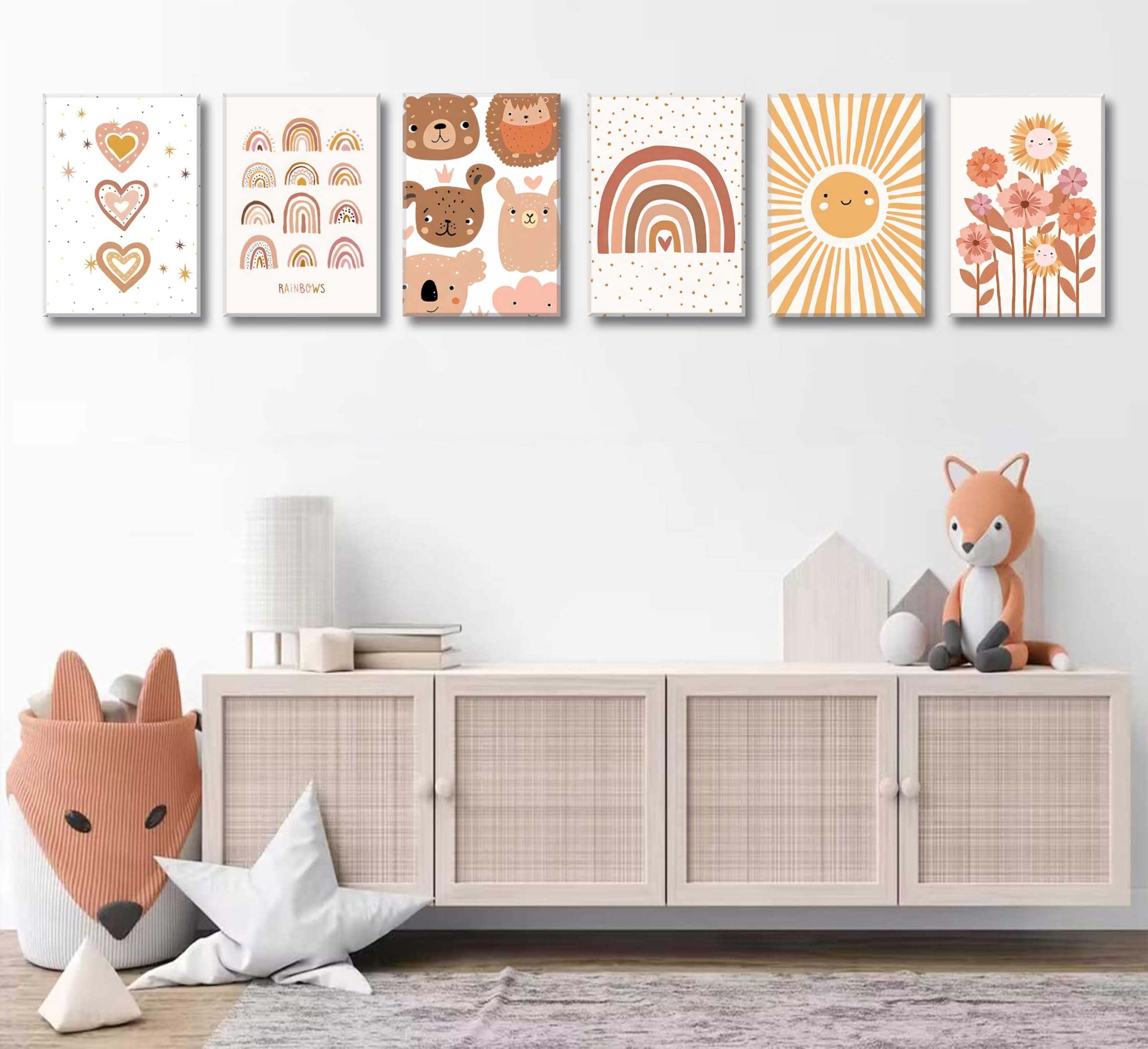 6Pcs Boho Nursery Canvas Wall Art - Rainbow, Sunflower & Cute Animal Paintings for Kids Room Decor | Framed Children's Prints for Baby Girl's Pink Bedroom (Perfect for Nursery, Playroom & Birthday Gifts)