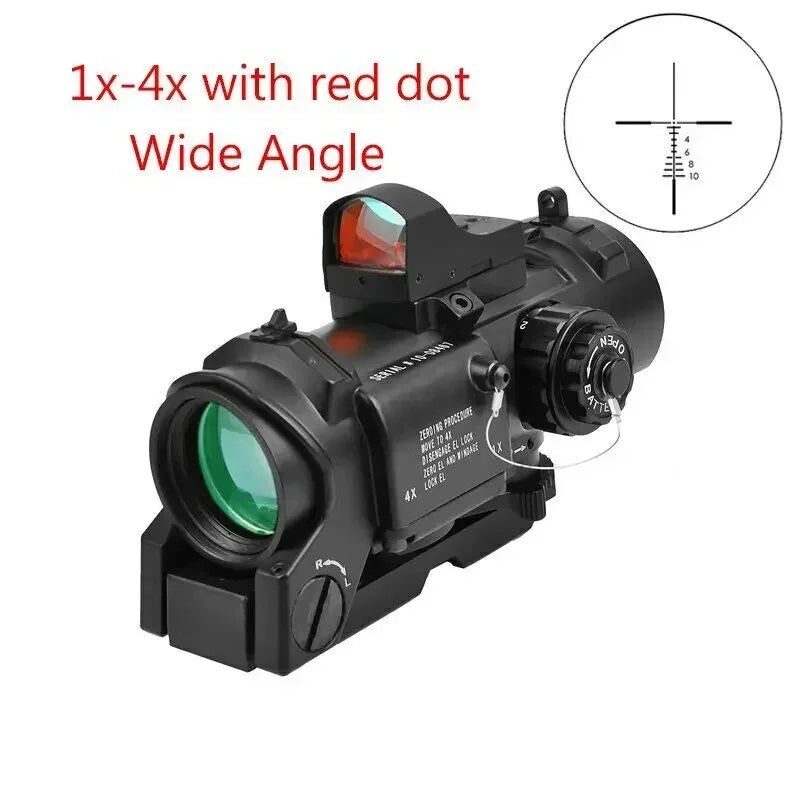 1-4x24 Wide Angle Tactical Rifle Scope with Mini Red Dot Sight | Dual Purpose Hunting & Shooting Accessory | Includes Rubber Covers (Black/Tan) | Perfect for Hunting, Target Practice & Tactical Training