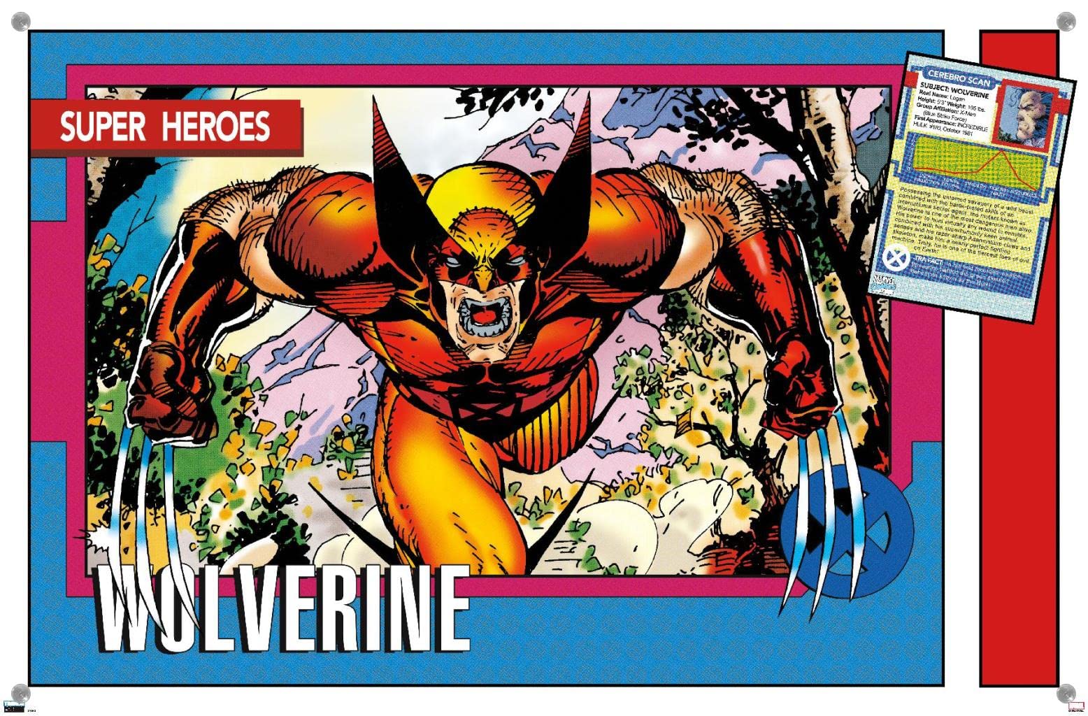 Marvel Wolverine Trading Cards & Wall Poster Set with Push Pins - Collectible Superhero Decor for Bedroom, Game Room, and Comic Book Fan Gifts