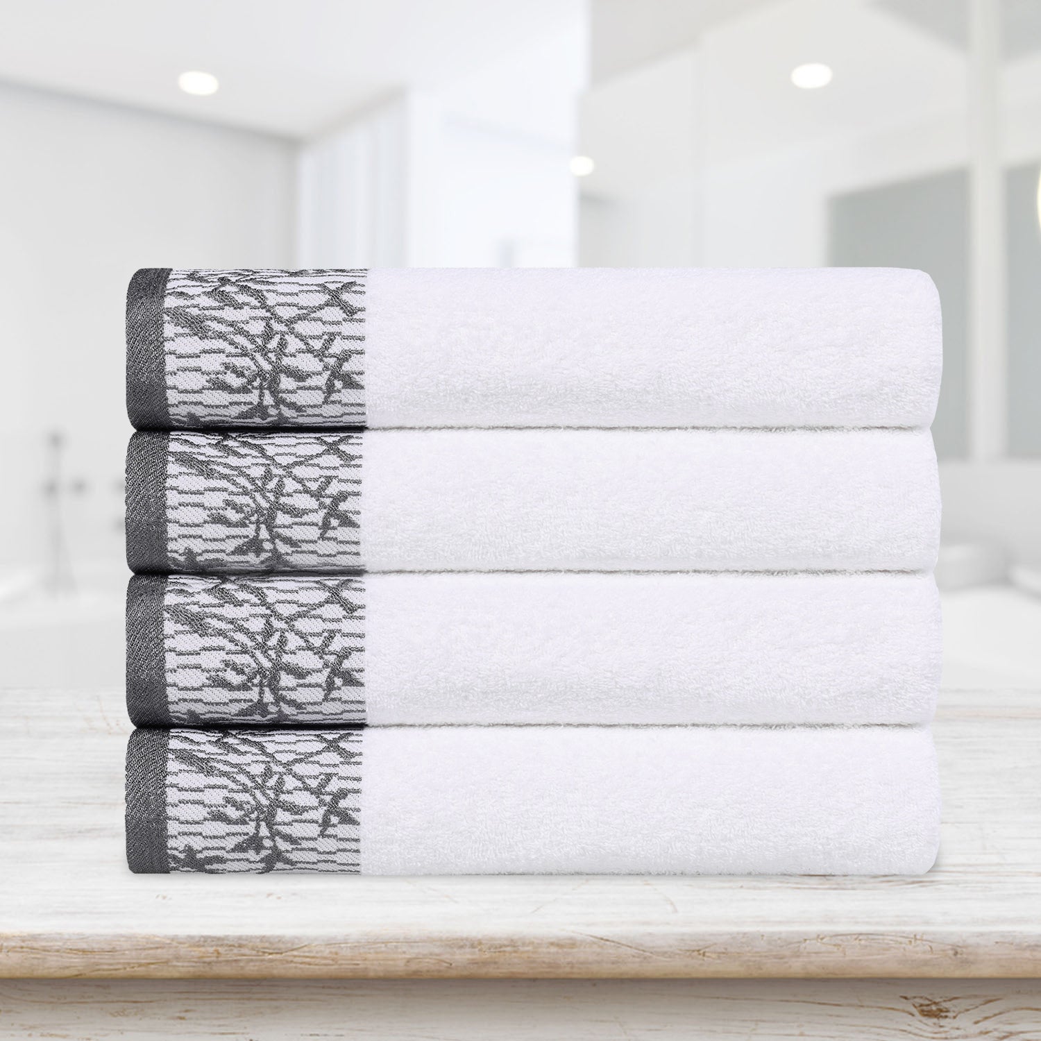 Premium Wisteria Cotton Floral Embroidered Jacquard Border Bath Towel Set of 4 - Ultra Soft & Absorbent Luxury Towels for Spa, Bathroom & Guest Use