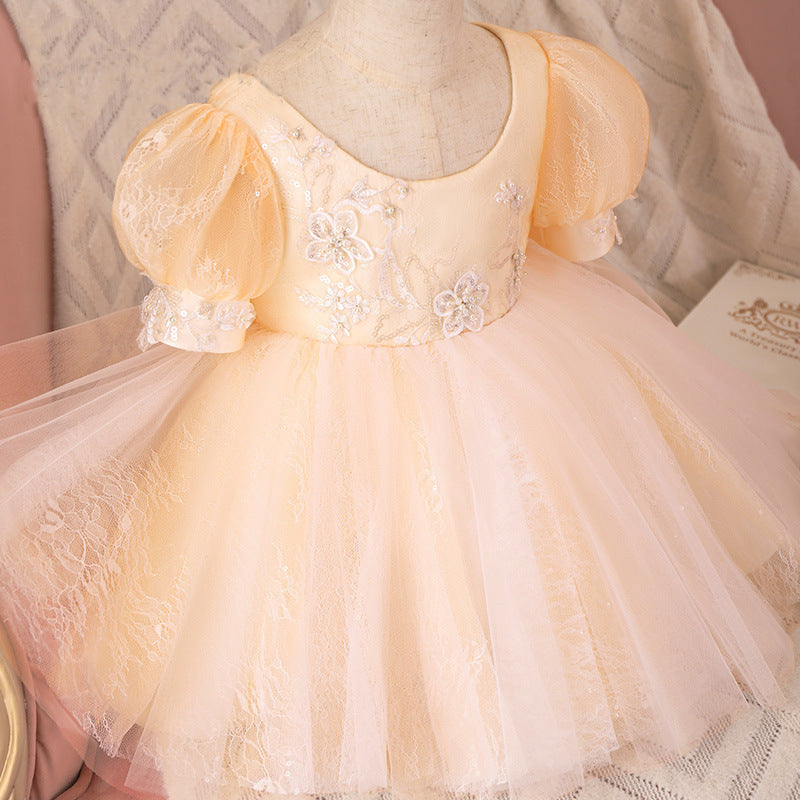 Elegant Champagne Princess Flower Girl Dress with Lace & Sequins - Perfect for Weddings, Baptisms & Special Occasions