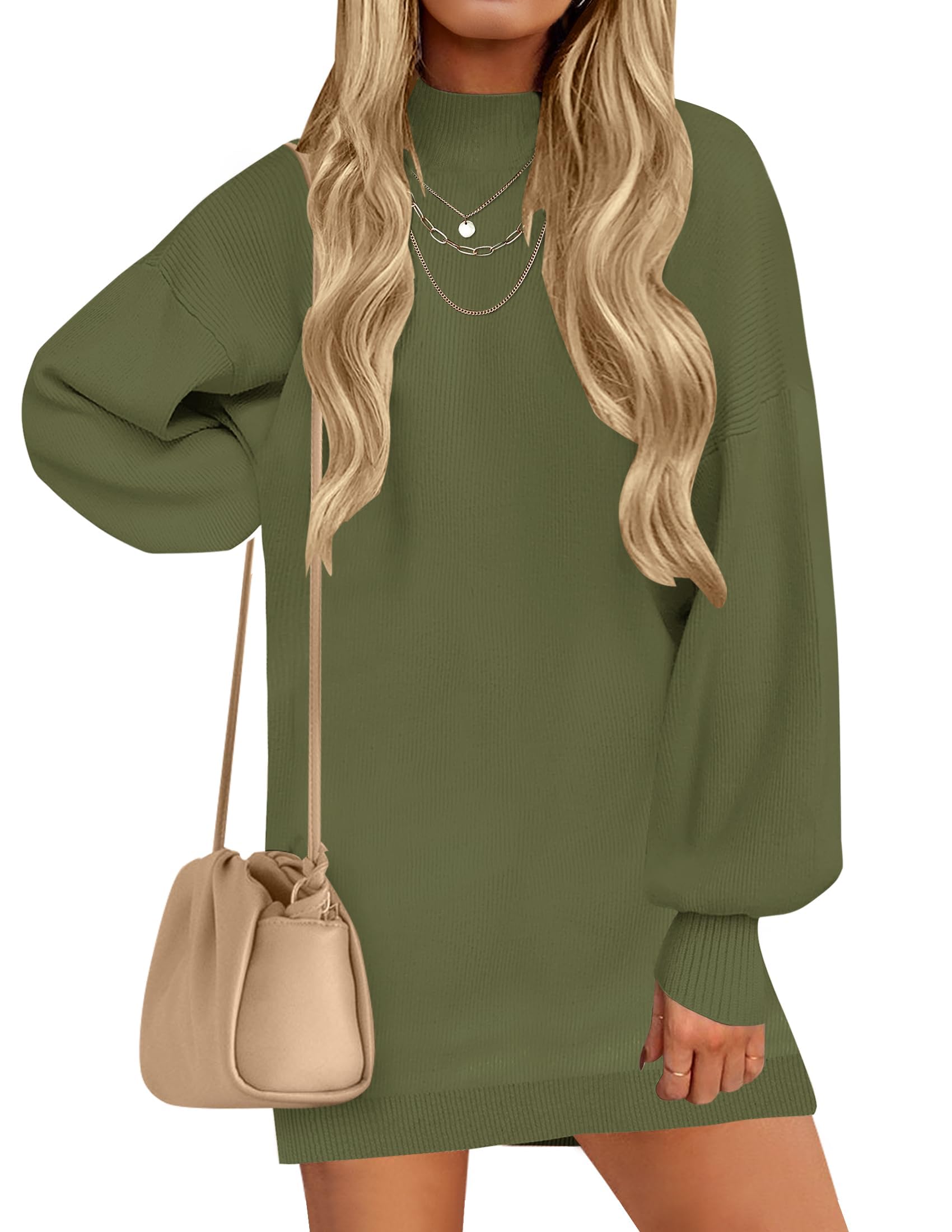 ZESICA Women's Oversized Turtleneck Sweater Dress - Long Lantern Sleeve Casual Knit Pullover Short Dress for Spring | Perfect for Office Wear, Date Night & Weekend Outfits